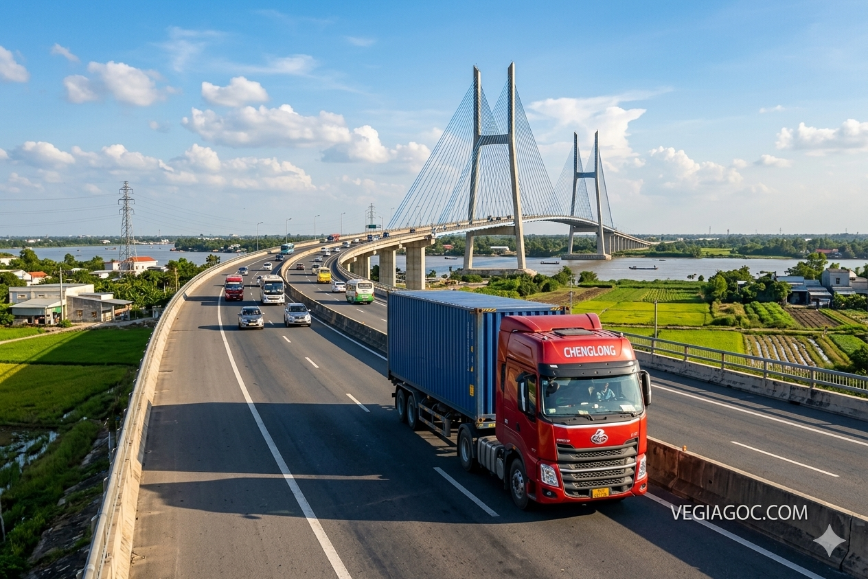 Xe đầu kéo container hiện đại vận chuyển hàng hóa từ Hà Nam vượt cầu Mỹ Thuận 2, cửa ngõ chiến lược để phân phối hàng hóa đi khắp các tỉnh miền Tây Nam Bộ. Cho-thue-xe-dau-keo-Container-cho-hang-Ha-Nam-di-Vinh-Long