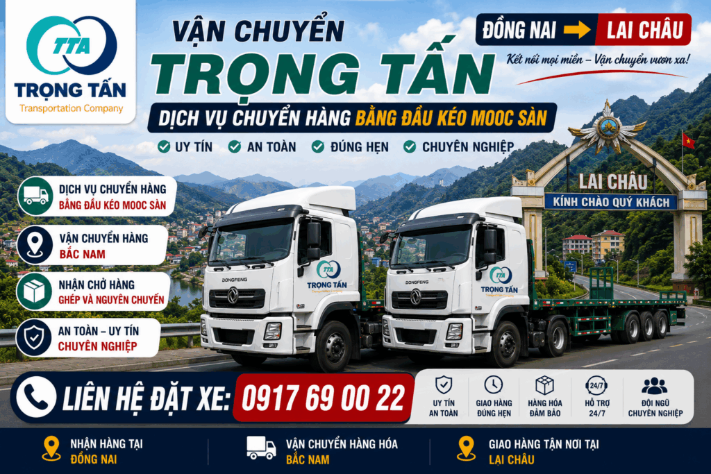 Dịch vụ cho thuê xe đầu kéo mooc sàn Đồng Nai đi Lai Châu chuyên vận chuyển máy móc, sắt thép, vật liệu xây dựng và hàng công nghiệp an toàn. cho-thue-xe-dau-keo-mooc-san-dong-nai-di-lai-chau