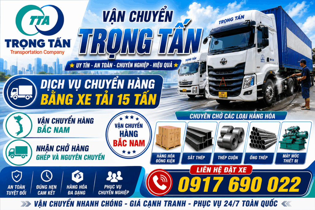 Cho thuê xe tải 15 tấn Đồng Nai đi Bắc Ninh chuyên vận chuyển hàng công nghiệp, máy móc, vật liệu xây dựng, hàng pallet, giao nhận nhanh chóng, an toàn và đúng hẹn. cho-thue-xe-tai-15-tan-dong-nai-di-bac-ninh