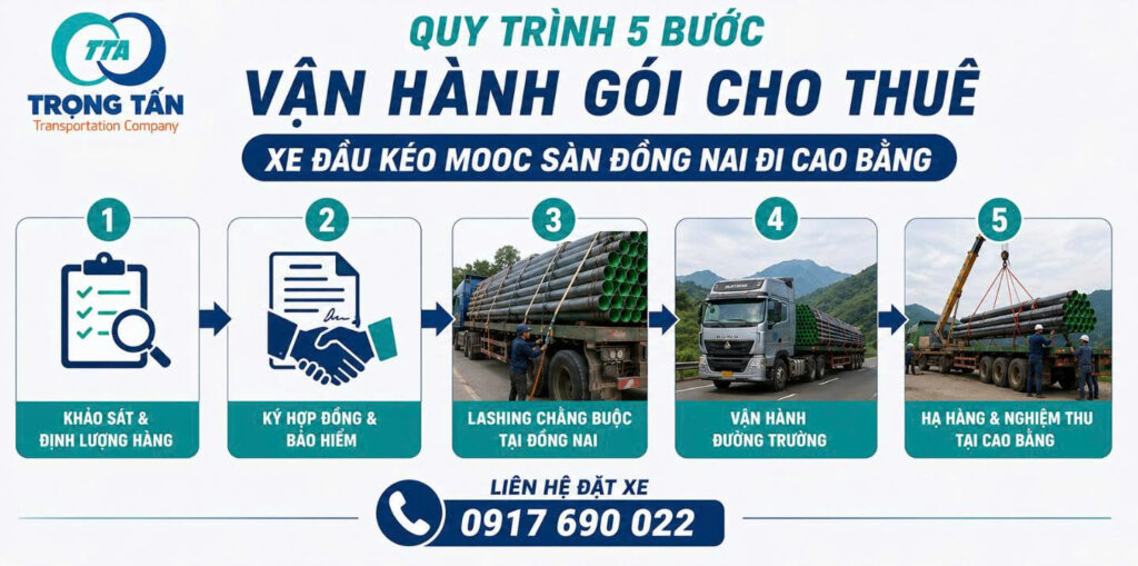 Quy trình 5 bước vận hành gói cho thuê xe đầu kéo mooc sàn Đồng Nai đi Cao Bằng gồm khảo sát, ký hợp đồng, chằng buộc, vận chuyển và giao hàng quy-trinh-5-buoc-thue-xe-dau-keo-mooc-san-dong-nai-di-cao-bang