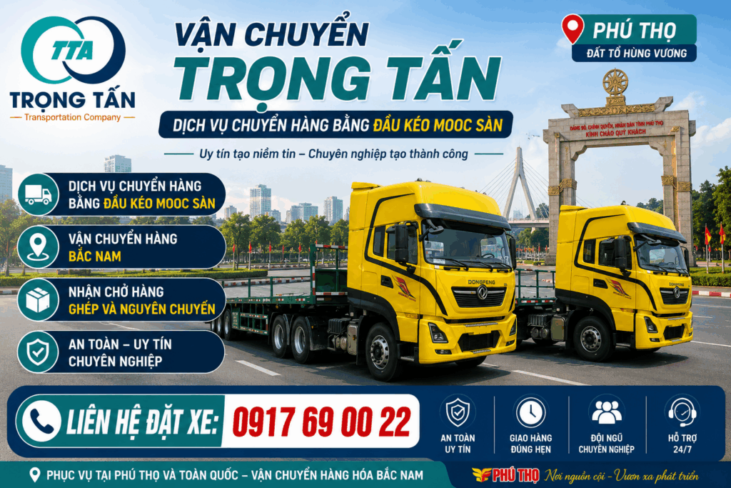 Dịch vụ cho thuê xe đầu kéo mooc sàn Đồng Nai đi Phú Thọ chuyên vận chuyển máy móc, sắt thép, vật liệu xây dựng và hàng công nghiệp an toàn, đúng tiến độ cho-thue-xe-dau-keo-mooc-san-dong-nai-di-phu-tho