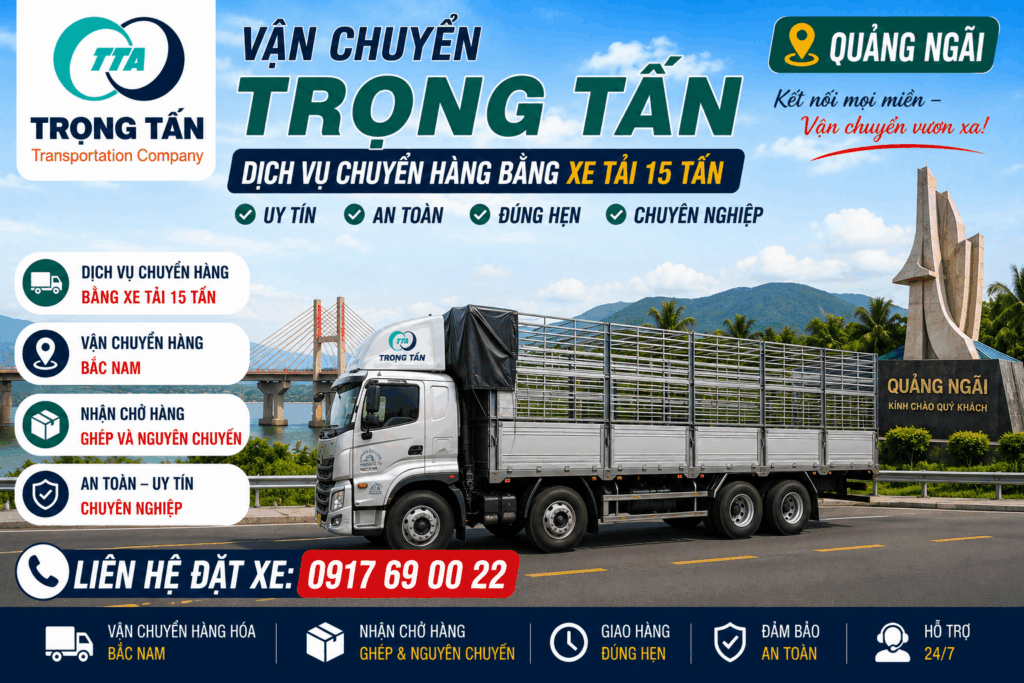 Xe tải 15 tấn Đồng Nai đi Quảng Ngãi nhận vận chuyển máy móc, hàng pallet, vật tư xây dựng, hàng tiêu dùng và nguyên vật liệu sản xuất đúng tiến độ. cho-thue-xe-tai-15-tan-dong-nai-di-quang-ngai