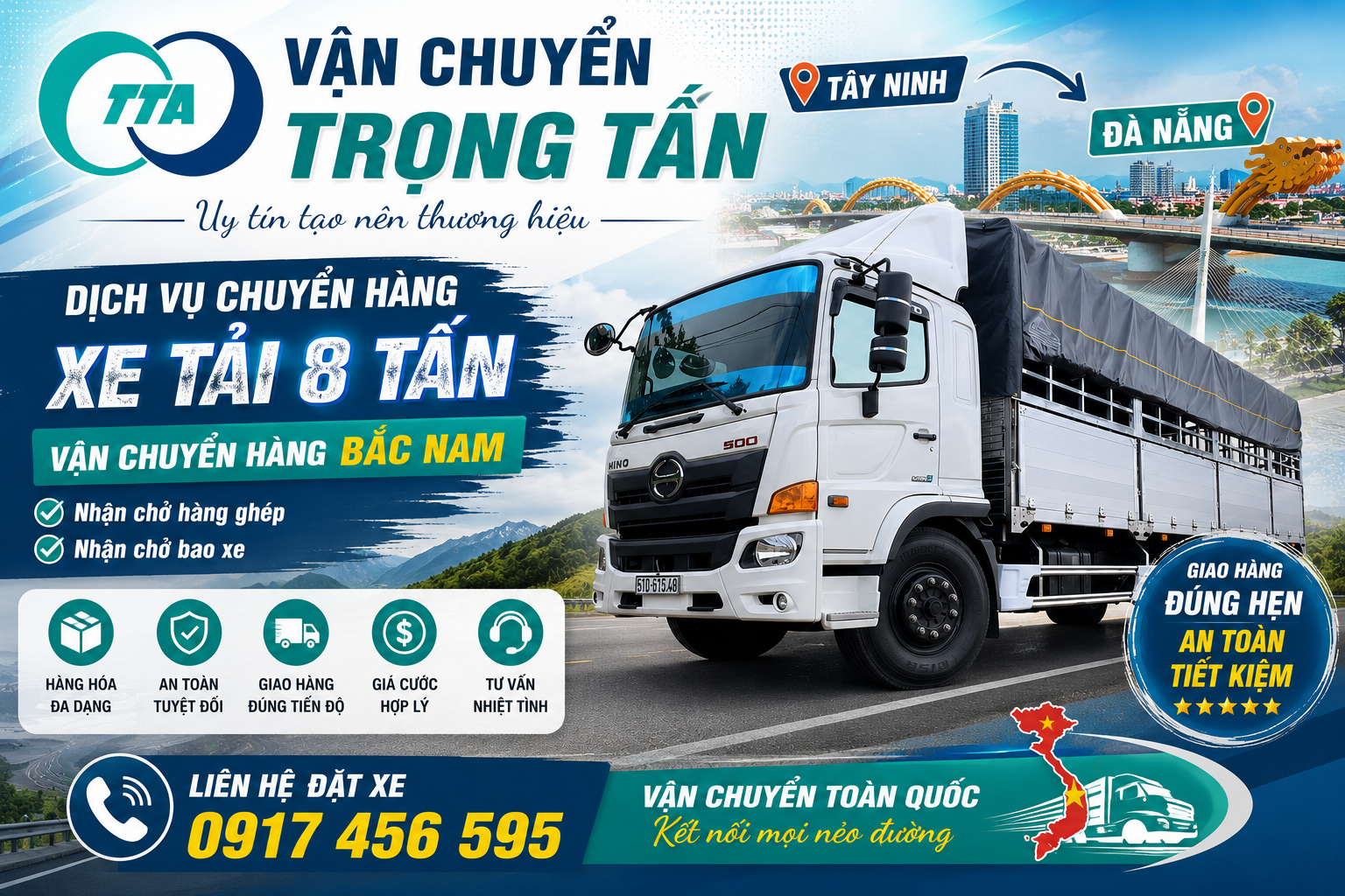 Xe tải 8 tấn nhận vận chuyển hàng hóa từ Tây Ninh đi Đà Nẵng với lịch xe linh hoạt. Phù hợp cho hàng công nghiệp, vật tư công trình, nội thất, thiết bị văn phòng, hàng tiêu dùng và nhiều loại hàng hóa khác. cho-thue-xe-tai-8-tan-cho-hang-tay-ninh-di-da-nang