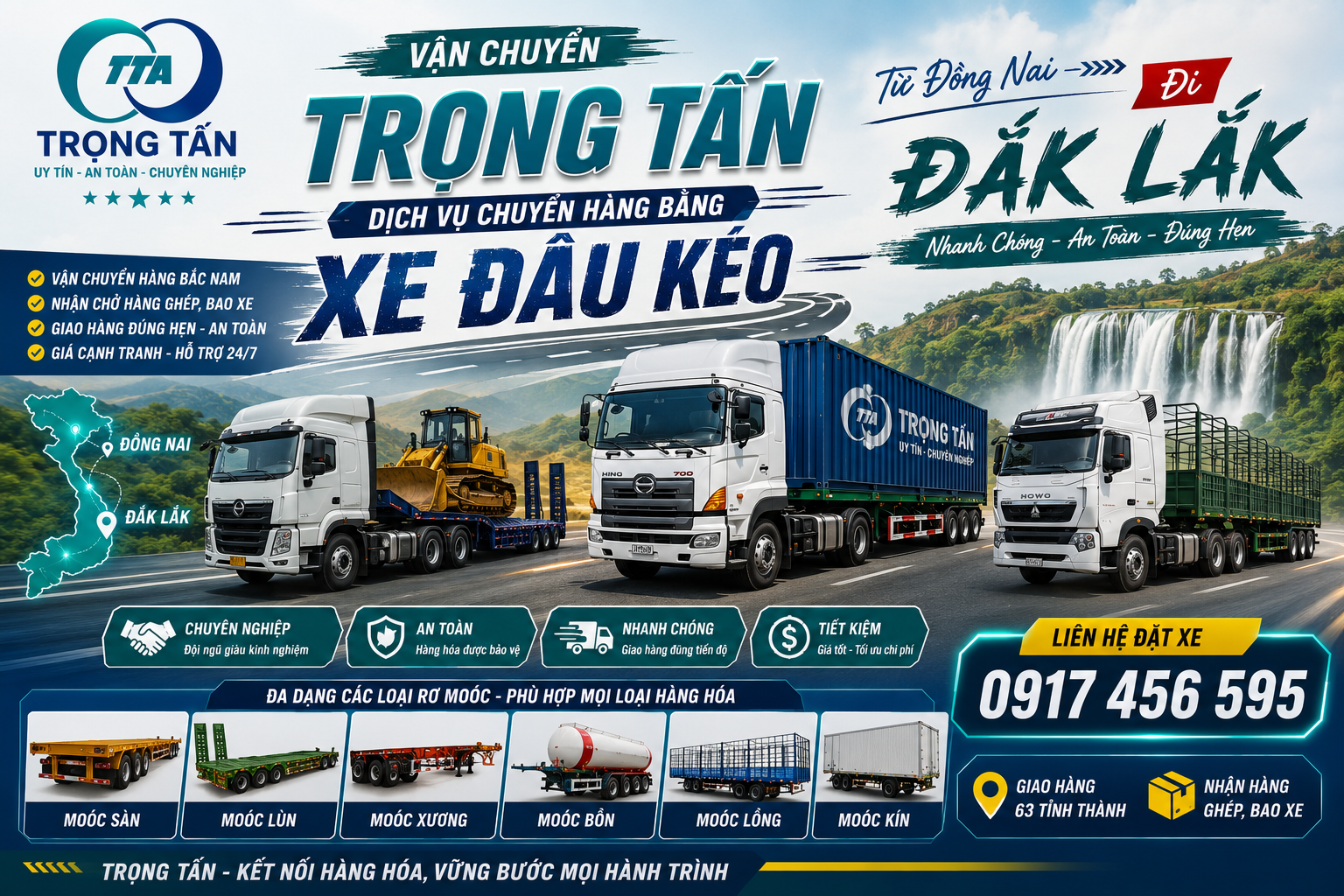 Cho thuê xe đầu kéo 30 tấn Đồng Nai đi Đắk Lắk chuyên vận chuyển máy móc, kết cấu thép, container, hàng công nghiệp và hàng nguyên chuyến, giao nhận tận nơi, đúng tiến độ. cho-thue-xe-dau-keo-30-tan-cho-hang-dong-nai-di-dak-lak
