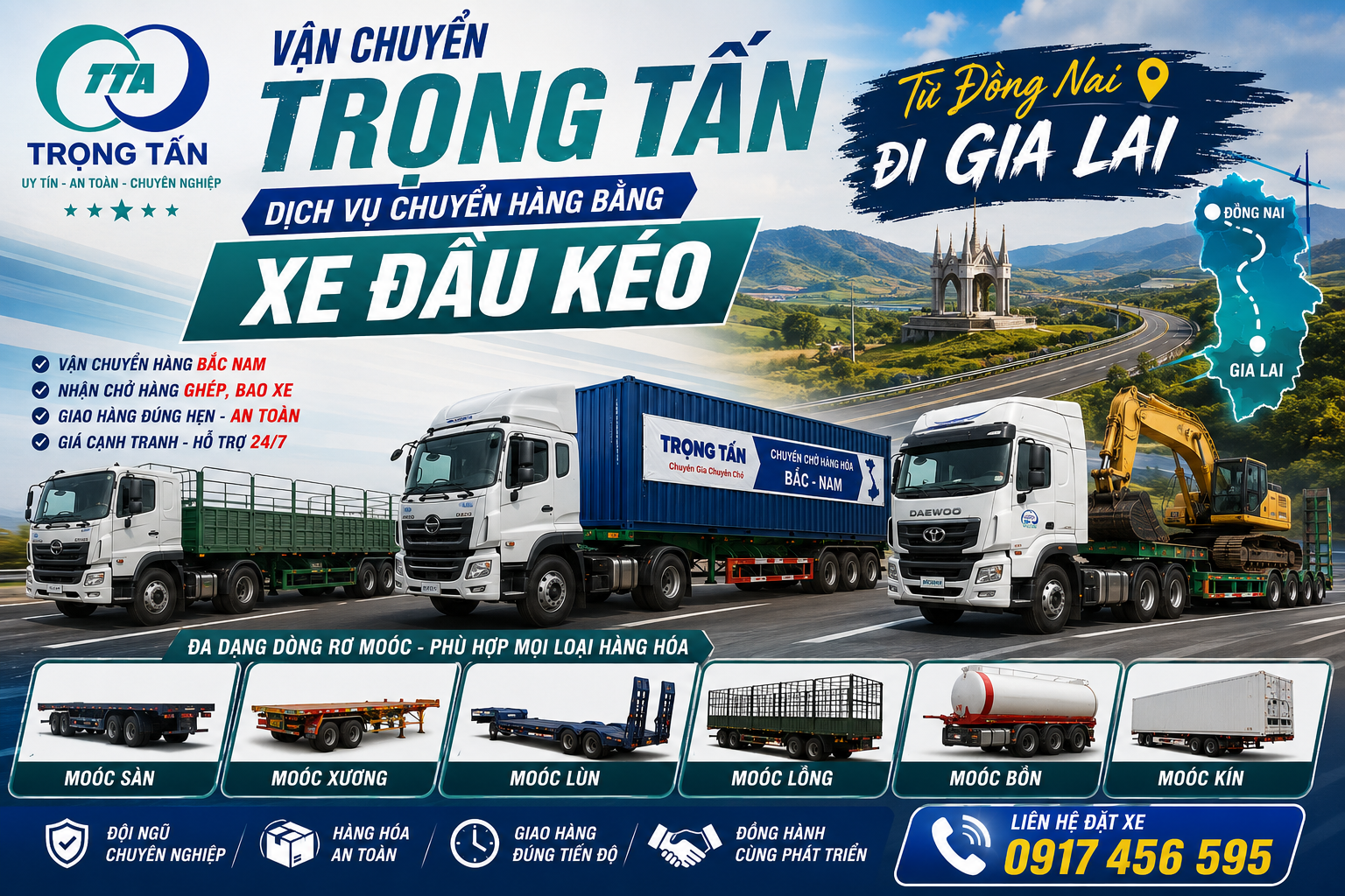 Cho thuê xe đầu kéo 30 tấn Đồng Nai đi Gia Lai chuyên vận chuyển máy móc, kết cấu thép, container, hàng công nghiệp và hàng nguyên chuyến, giao nhận tận nơi, đúng tiến độ. cho-thue-xe-dau-keo-30-tan-cho-hang-dong-nai-di-gia-lai
