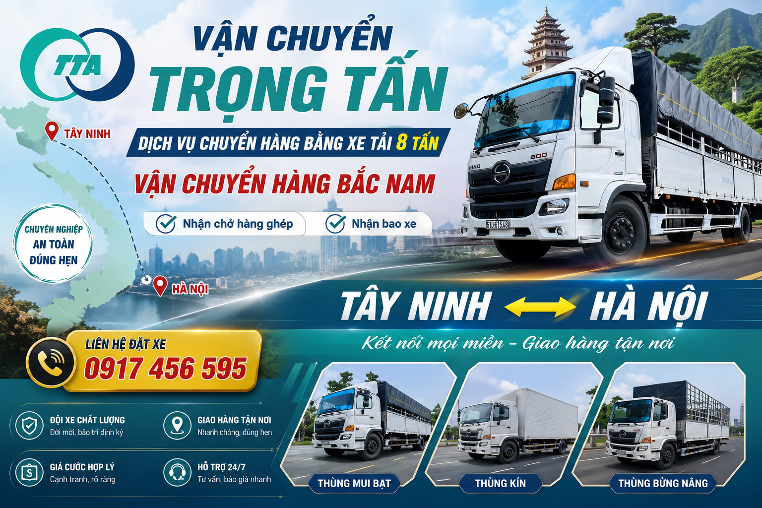 Cho thuê xe tải 8 tấn chở hàng Tây Ninh đi Hà Nội chuyên vận chuyển hàng công nghiệp, máy móc, hàng pallet, bao bì, vật tư sản xuất và hàng nguyên chuyến, giao nhận đúng hẹn. cho-thue-xe-tai-8-tan-cho-hang-tay-ninh-di-ha-noi