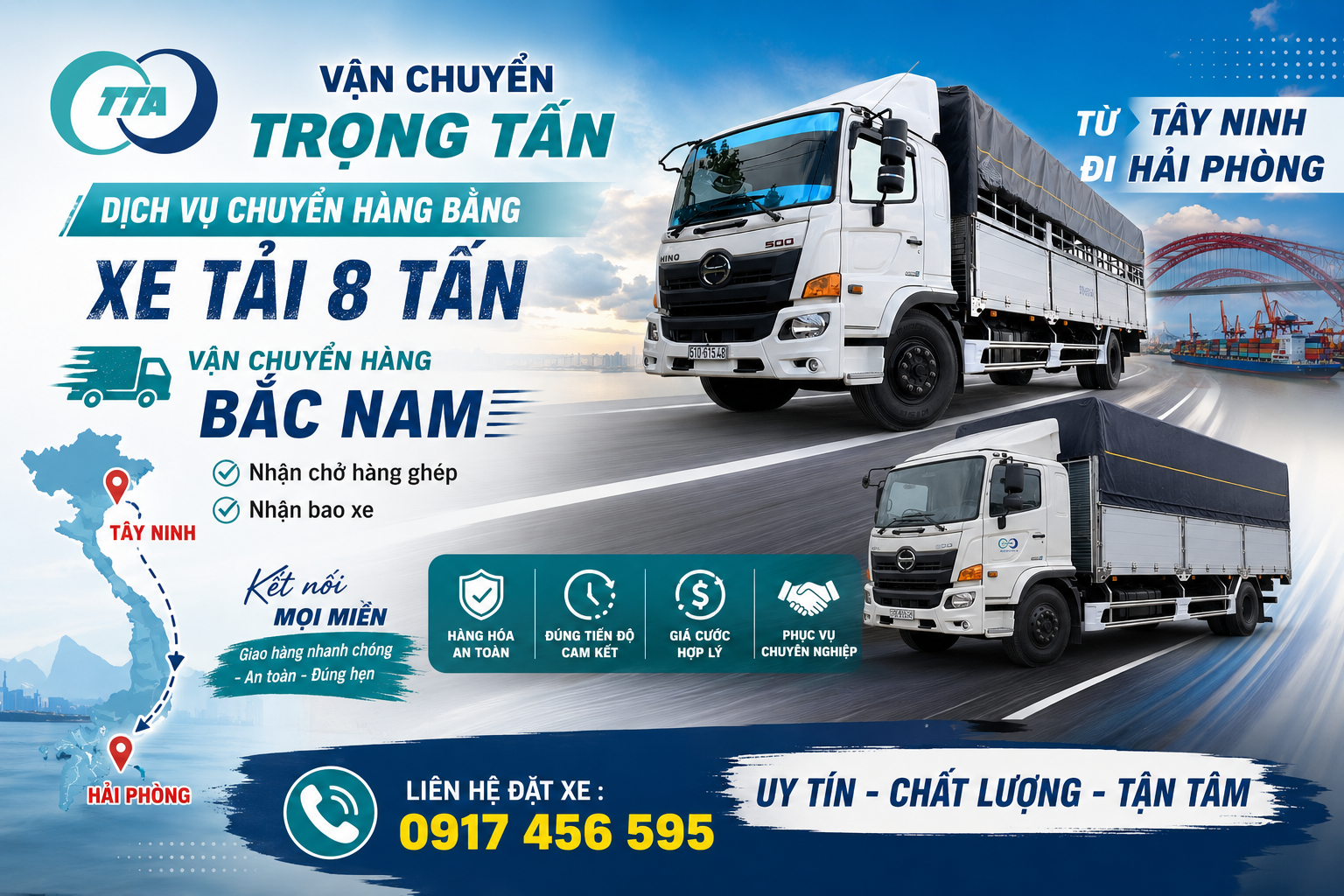 Cho thuê xe tải 8 tấn chở hàng Tây Ninh đi Hải Phòng chuyên vận chuyển hàng pallet, máy móc, bao bì, thiết bị công nghiệp, hàng nguyên chuyến và giao nhận tận nơi đúng tiến độ. cho-thue-xe-tai-8-tan-cho-hang-tay-ninh-di-hai-phong