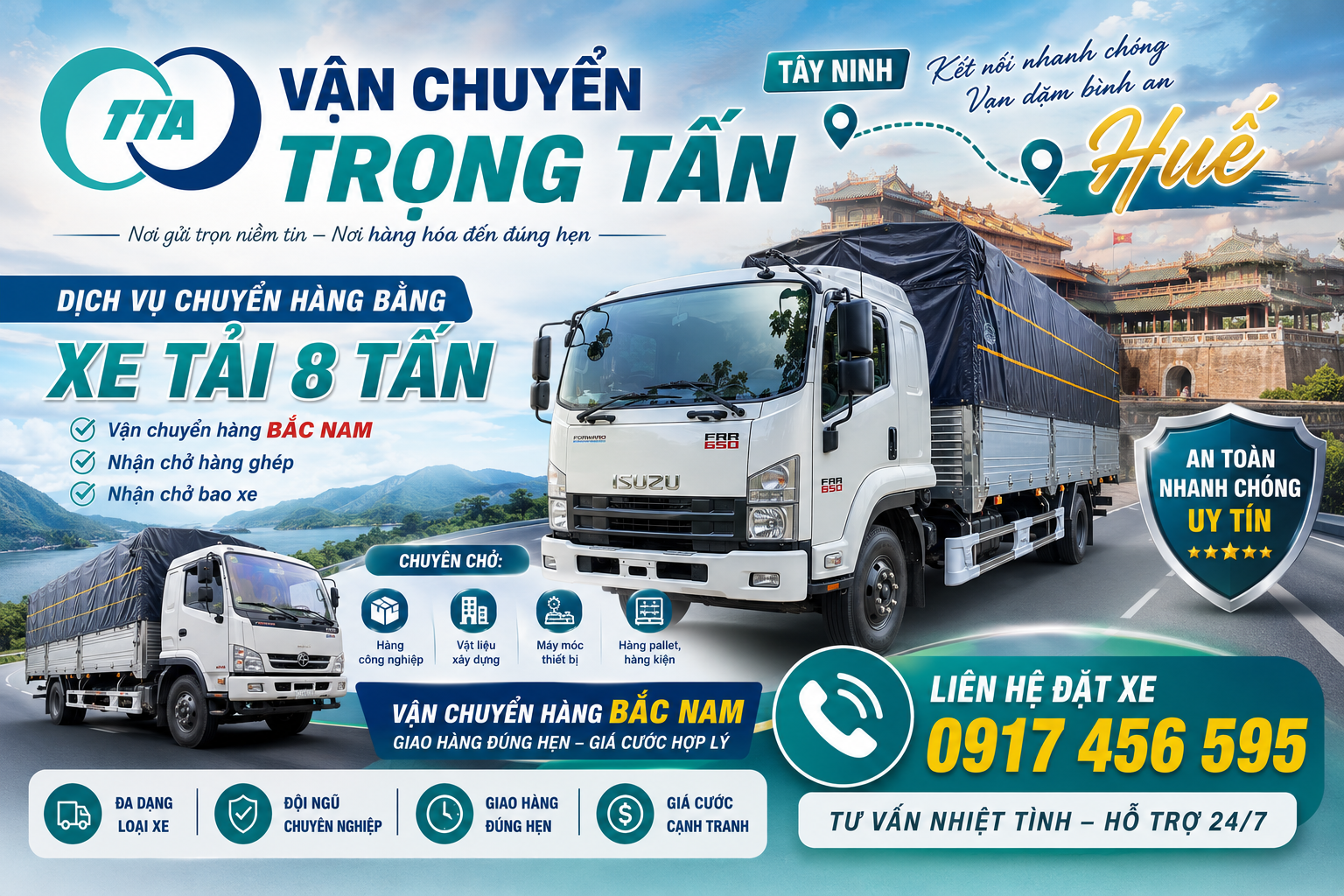 Dịch vụ cho thuê xe tải 8 tấn chở hàng từ Tây Ninh đi Huế chuyên vận chuyển máy móc, vật tư xây dựng, hàng tiêu dùng, hàng pallet, nguyên liệu sản xuất và hàng công nghiệp. cho-thue-xe-tai-8-tan-cho-hang-tay-ninh-di-hue