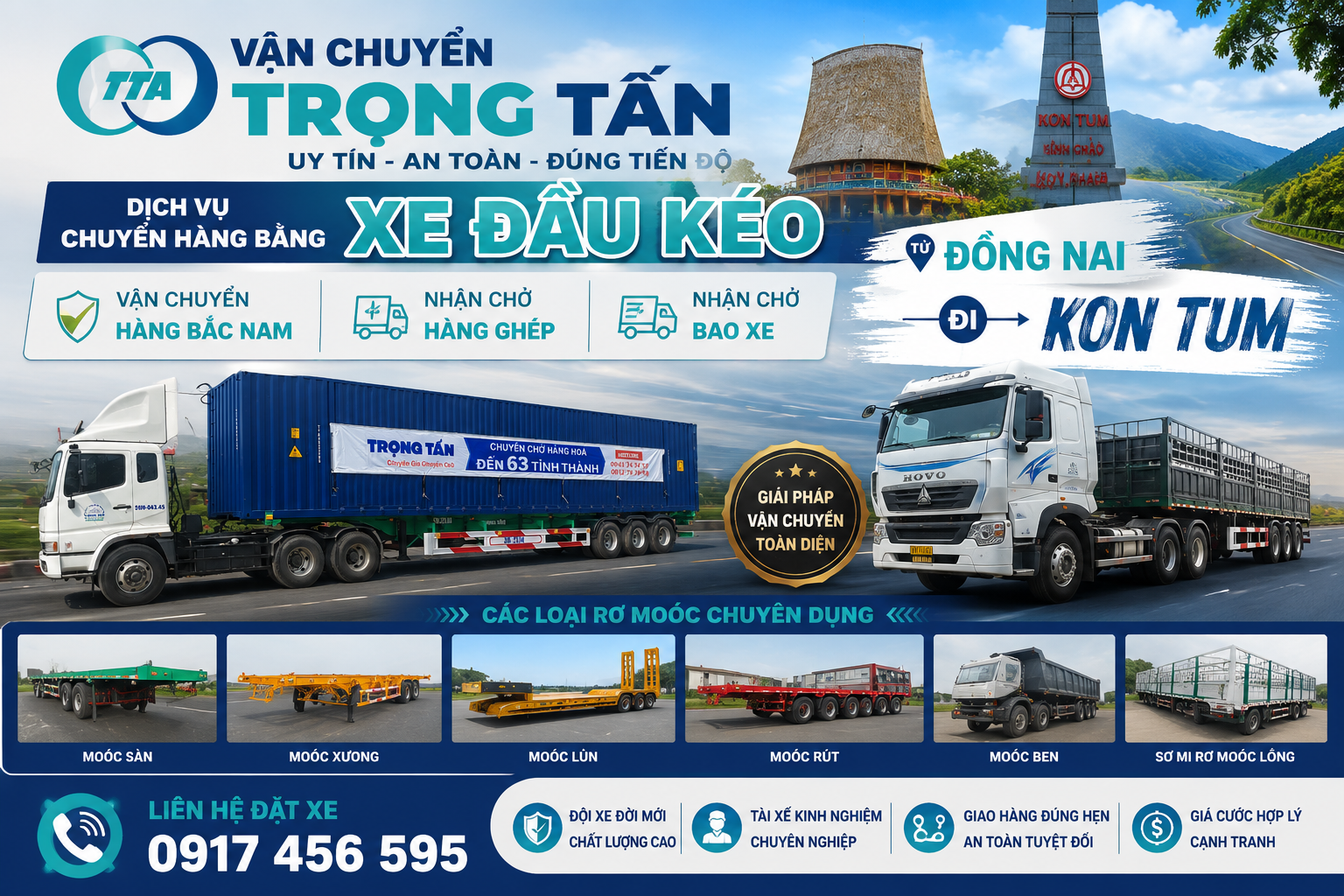 Cho thuê xe đầu kéo 30 tấn Đồng Nai đi Kon Tum chuyên vận chuyển máy móc, kết cấu thép, container, vật liệu xây dựng và hàng nguyên chuyến, giao nhận tận nơi, đúng tiến độ. cho-thue-xe-dau-keo-30-tan-cho-hang-dong-nai-di-kon-tum