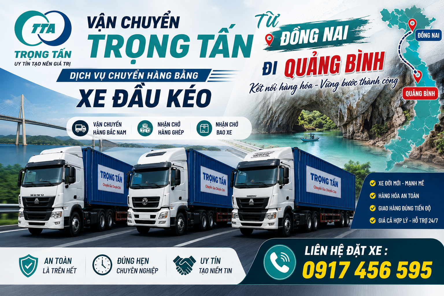 Cho thuê xe đầu kéo chở hàng Đồng Nai đi Quảng Bình chuyên vận chuyển máy móc, hàng công nghiệp, vật liệu xây dựng, hàng ghép và nguyên chuyến đúng tiến độ. cho-thue-xe-dau-keo-cho-hang-dong-nai-di-quang-binh