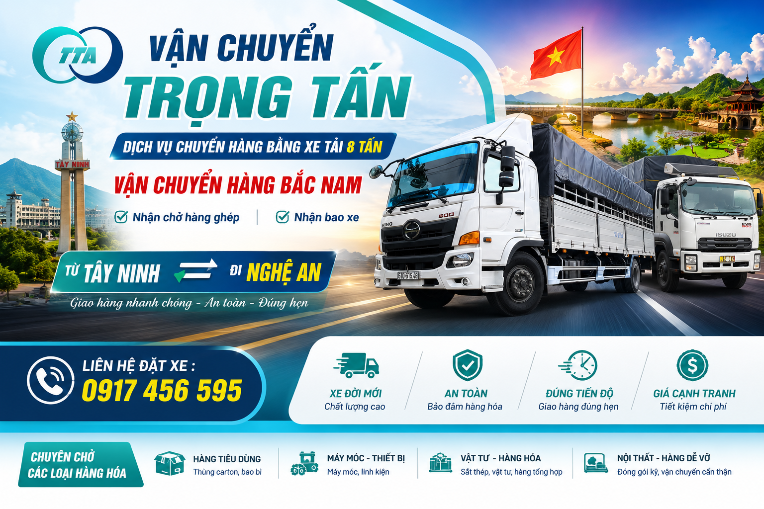 Dịch vụ cho thuê xe tải 8 tấn Tây Ninh đi Nghệ An chuyên chở máy móc, thiết bị công nghiệp, vật tư xây dựng, hàng pallet, hàng tiêu dùng và nguyên liệu sản xuất. cho-thue-xe-tai-8-tan-cho-hang-tay-ninh-di-nghe-an