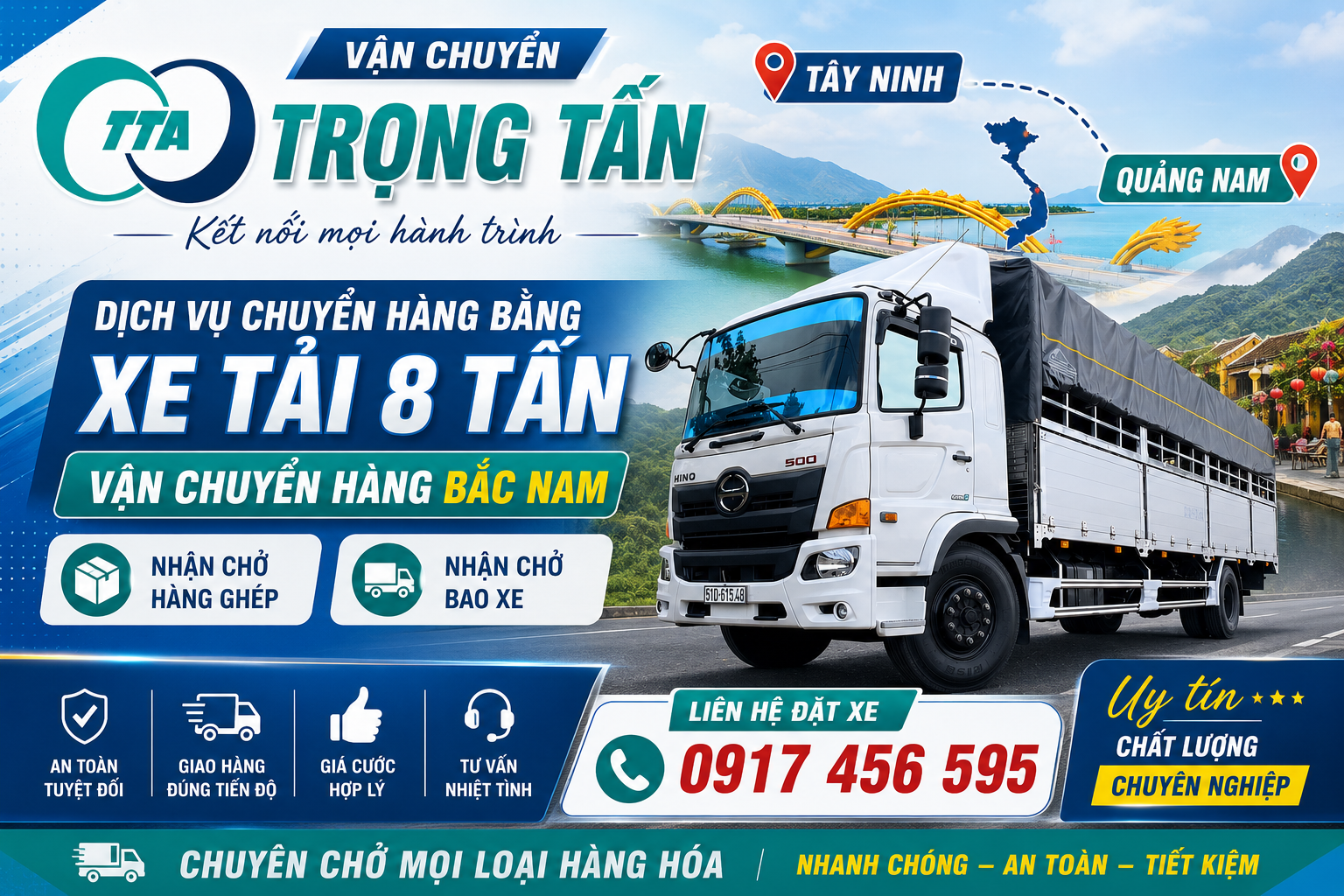 Xe tải 8 tấn nhận chở hàng từ Tây Ninh đi Quảng Nam, phù hợp vận chuyển hàng công nghiệp, nội thất, vật tư xây dựng, hàng tiêu dùng và nhiều loại hàng hóa khác. cho-thue-xe-tai-8-tan-cho-hang-tay-ninh-di-quang-nam