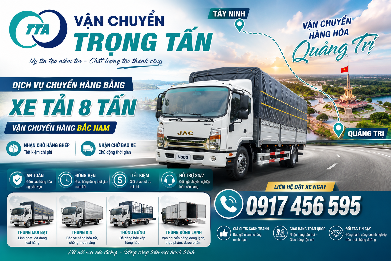 Xe tải 8 tấn chuyên chở hàng hóa từ Tây Ninh đi Quảng Trị, hỗ trợ nhận hàng tại kho, nhà máy, xưởng sản xuất và giao tận nơi đến công trình, khu công nghiệp, kho hàng theo yêu cầu của khách hàng. cho-thue-xe-tai-8-tan-cho-hang-tay-ninh-di-quang-tri