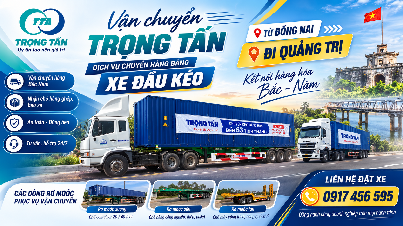 Cho thuê xe đầu kéo chở hàng Đồng Nai đi Quảng Trị chuyên vận chuyển máy móc, hàng công nghiệp, vật liệu xây dựng, hàng ghép và nguyên chuyến đúng tiến độ. cho-thue-xe-dau-keo-cho-hang-dong-nai-di-quang-tri
