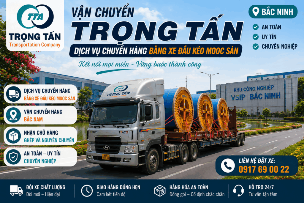 Cho thuê xe đầu kéo mooc sàn Tây Ninh đi Bắc Ninh chuyên vận chuyển kết cấu thép, máy móc công nghiệp, thiết bị xây dựng, hàng siêu trường siêu trọng và hàng quá khổ theo yêu cầu. cho-thue-xe-dau-keo-mooc-san-tay-ninh-di-bac-ninh-gia-canh-tranh