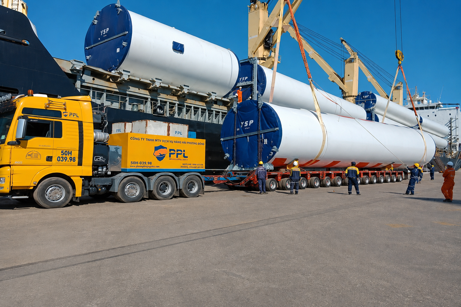 Xe đầu kéo kết hợp rơ moóc lùn chuyên vận chuyển thiết bị công trình điện gió siêu trường, đảm bảo an toàn, ổn định và đáp ứng yêu cầu kỹ thuật trong suốt hành trình. ro-mooc-lun-van-chuyen-cong-trinh-dien-gio-sieu-truong