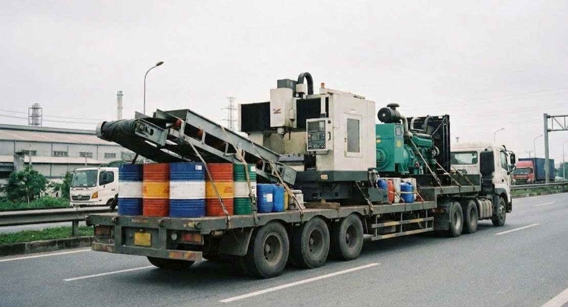 Xe đầu kéo chuyên vận chuyển kết cấu thép, máy móc sản xuất, thiết bị điện gió, điện mặt trời và nhiều loại hàng công nghiệp, đảm bảo an toàn và đúng kỹ thuật. van-chuyen-ket-cau-thep-may-moc-va-thiet-bi-cong-nghiep