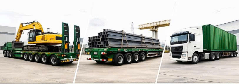 Hệ thống moóc chuyên dụng giúp vận chuyển hàng hóa, container, máy móc, thiết bị công trình và vật liệu xây dựng với phương án phù hợp, an toàn và hiệu quả. da-dang-mooc-chuyen-dung-dap-ung-moi-nhu-cau-van-chuyen