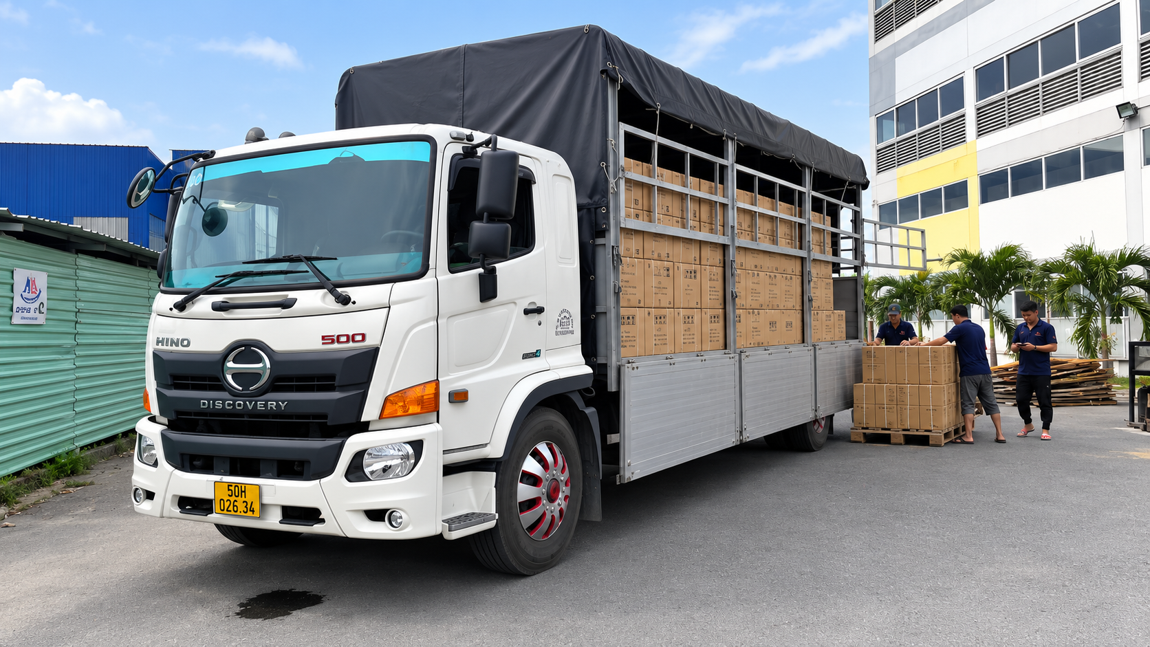 Xe tải 8 tấn nhận hàng tại nhà máy, kho bãi, hỗ trợ giao nhiều điểm và bố trí xe nâng, xe cẩu hoặc nhân công bốc xếp theo đặc điểm từng lô hàng. nhan-hang-tan-noi-giao-nhieu-diem-va-ho-tro-boc-xep-theo-tung-yeu-cau-van-chuyen