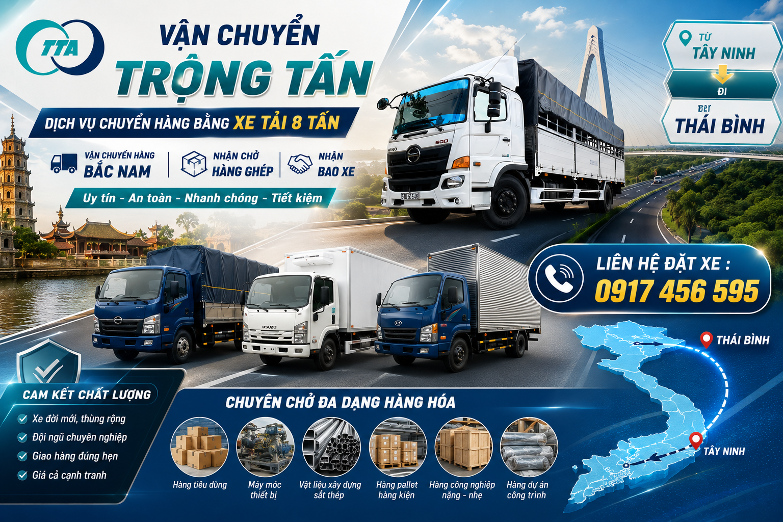 Cho thuê xe tải 8 tấn chở hàng Tây Ninh đi Thái Bình chuyên vận chuyển máy móc, thiết bị công nghiệp, vật tư xây dựng, hàng pallet, hàng tiêu dùng, nguyên liệu sản xuất và đa dạng hàng hóa. cho-thue-xe-tai-8-tan-cho-hang-tay-ninh-di-thai-binh
