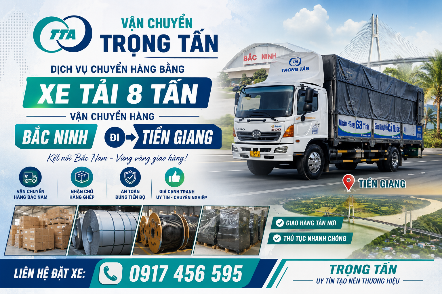 Nhận vận chuyển đa dạng hàng hóa từ Bắc Ninh đi Tiền Giang, hỗ trợ lấy hàng tại kho, nhà máy, cửa hàng và giao đến địa chỉ theo yêu cầu. cho-thue-xe-tai-8-tan-cho-hang-bac-ninh-di-tien-giang