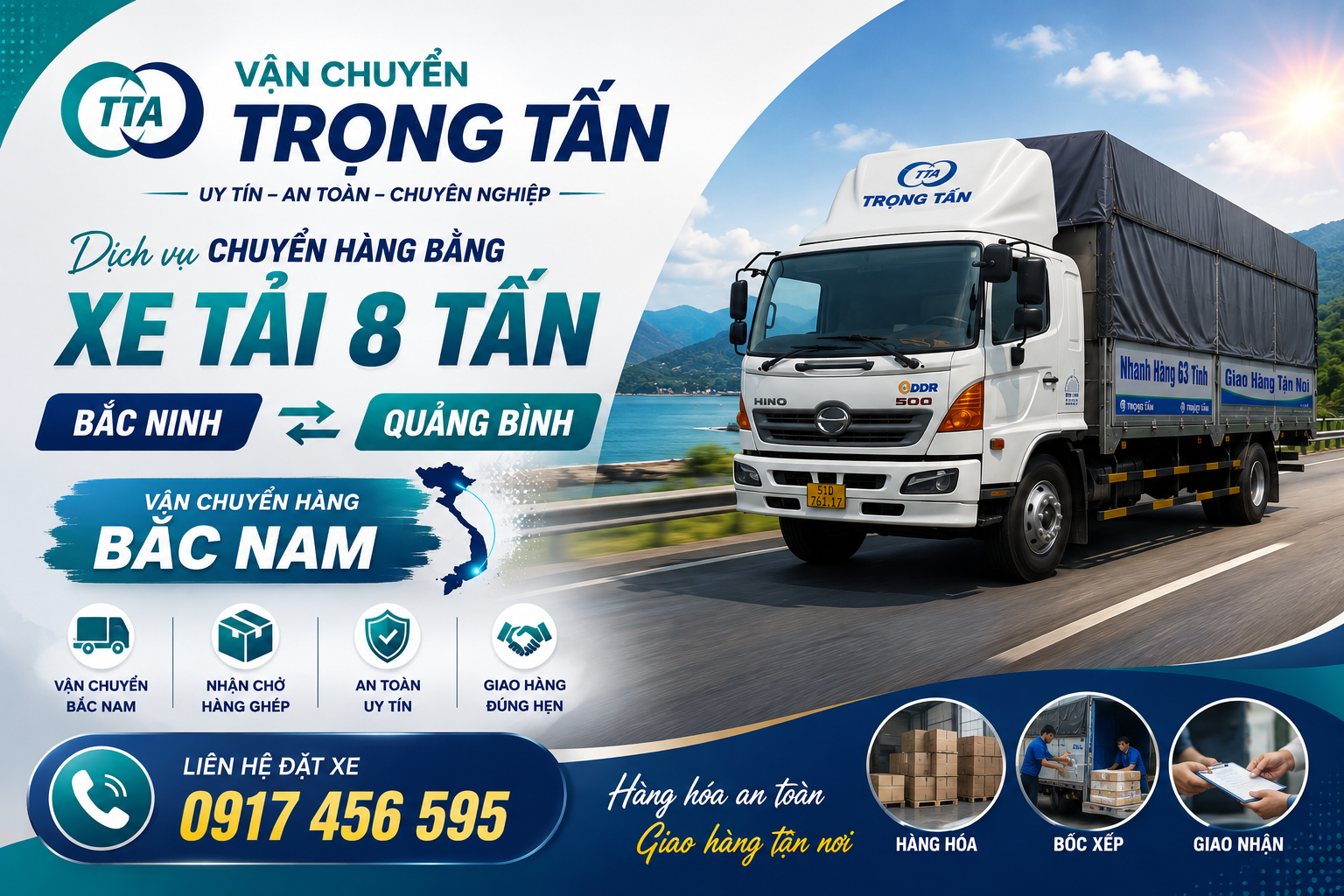 Nhận vận chuyển hàng từ Bắc Ninh đi Quảng Bình bằng xe tải 8 tấn, phù hợp với các chuyến hàng đường dài và giao nhận tận nơi. cho-thue-xe-tai-8-tan-van-chuyen-hang-bac-ninh-di-quang-binh