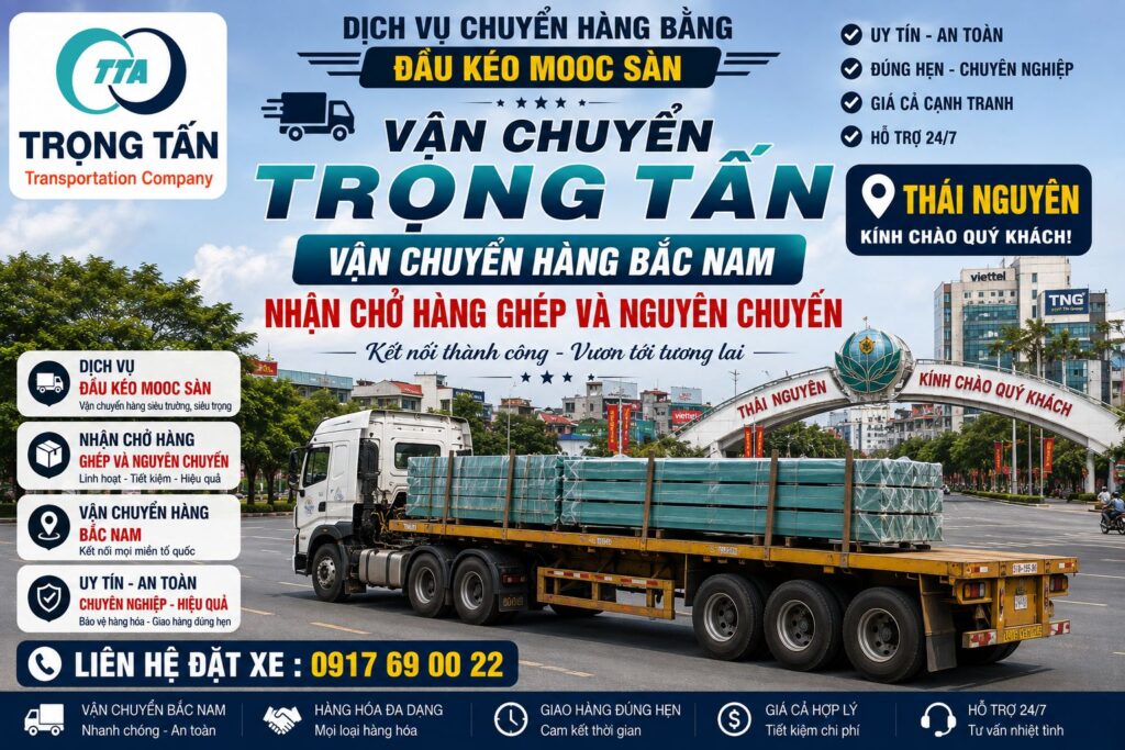 Cho thuê xe đầu kéo mooc sàn Vũng Tàu đi Thái Nguyên, nhận vận chuyển máy móc, thiết bị công nghiệp, sắt thép và hàng hóa kích thước lớn. cho-thue-xe-dau-keo-mooc-san-vung-tau-di-thai-nguyen