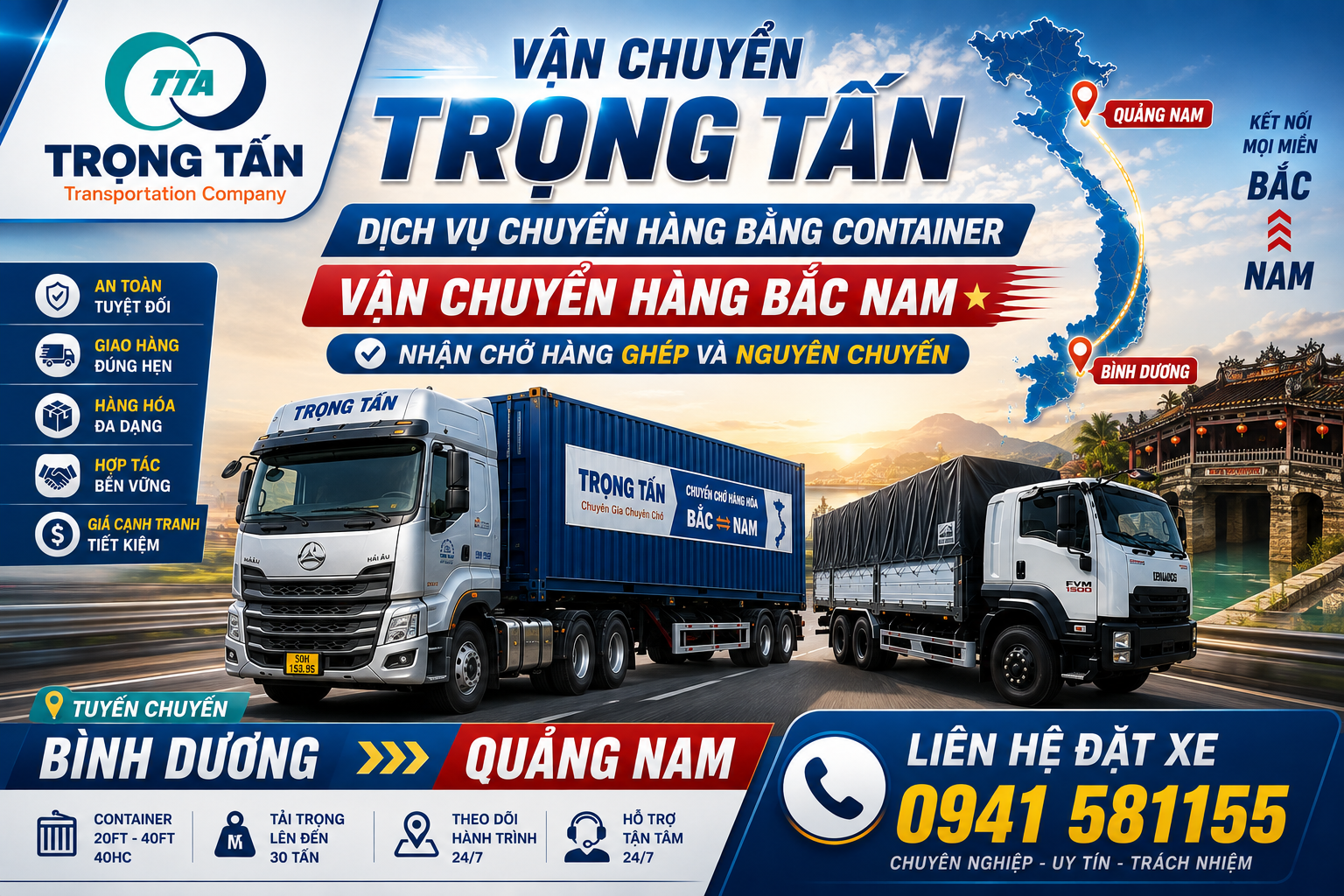Dịch vụ cho thuê xe đầu kéo chở container vận chuyển hàng hóa từ Bình Dương đi Quảng Nam giá rẻ, giao nhận tận nơi uy tín, cam kết an toàn cho mọi lô hàng. Cho-thue-xe-dau-keo-container-cho-hang-Binh-Duong-di-Quang-Nam