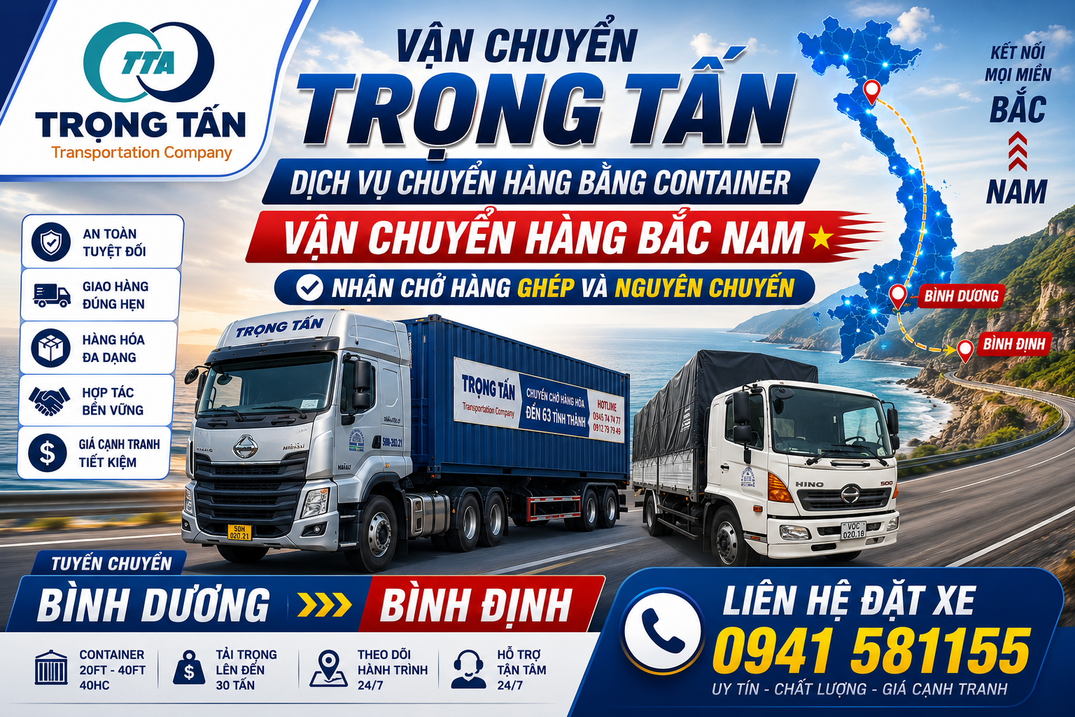Dịch vụ xe đầu kéo container nhận chở hàng từ các KCN Bình Dương đi Bình Định, cam kết giao hàng đúng hẹn, cước phí cạnh tranh, đảm bảo an toàn tuyệt đối suốt chặng đường. Cho-thue-xe-dau-keo-container-cho-hang-Binh-Duong-di-Binh-Dinh