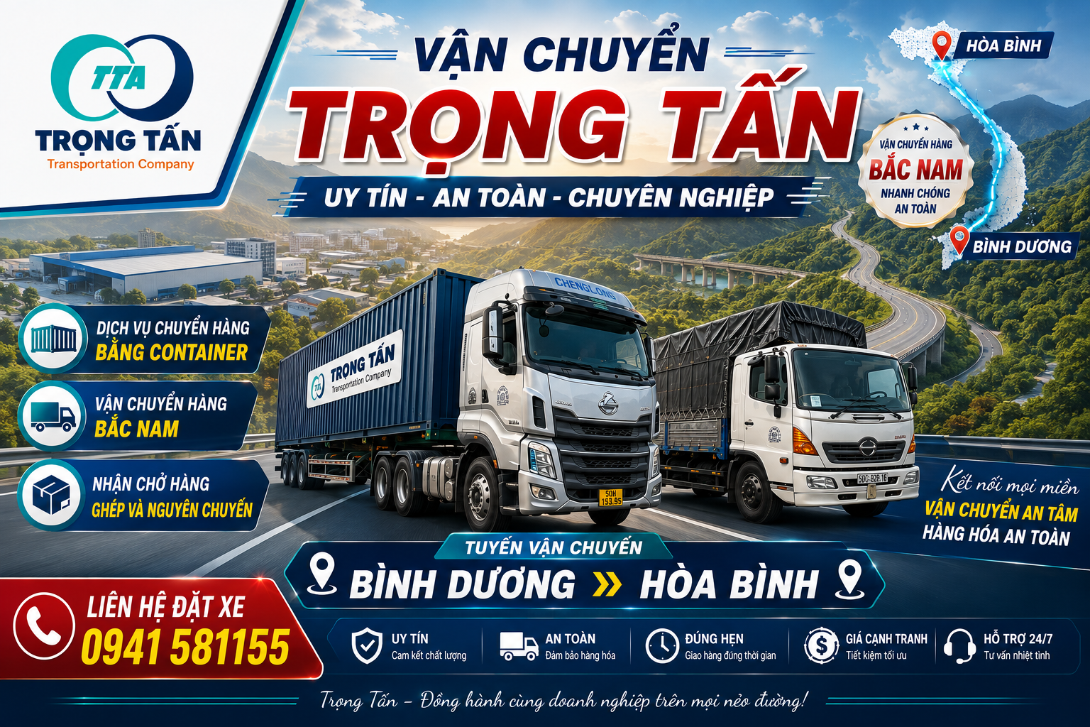 Xe đầu kéo container vận chuyển hàng hóa từ KCN Bình Dương đi Hòa Bình trang bị GPS giám sát 24/7, tài xế giàu kinh nghiệm đường dài, hỗ trợ giao nhận tận chân công trình. Cho-thue-xe-dau-keo-container-cho-hang-Binh-Duong-di-Hoa-Binh