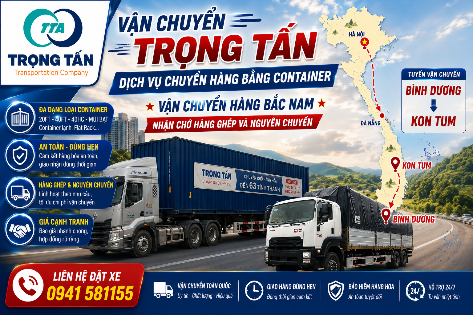 Dịch vụ cho thuê xe đầu kéo container chở hàng từ Bình Dương đi Kon Tum nhận vận chuyển đa dạng máy móc, nông sản, hàng công trình, cam kết đúng tiến độ. Cho-thue-xe-dau-keo-container-cho-hang-Binh-Duong-di-Kon-Tum