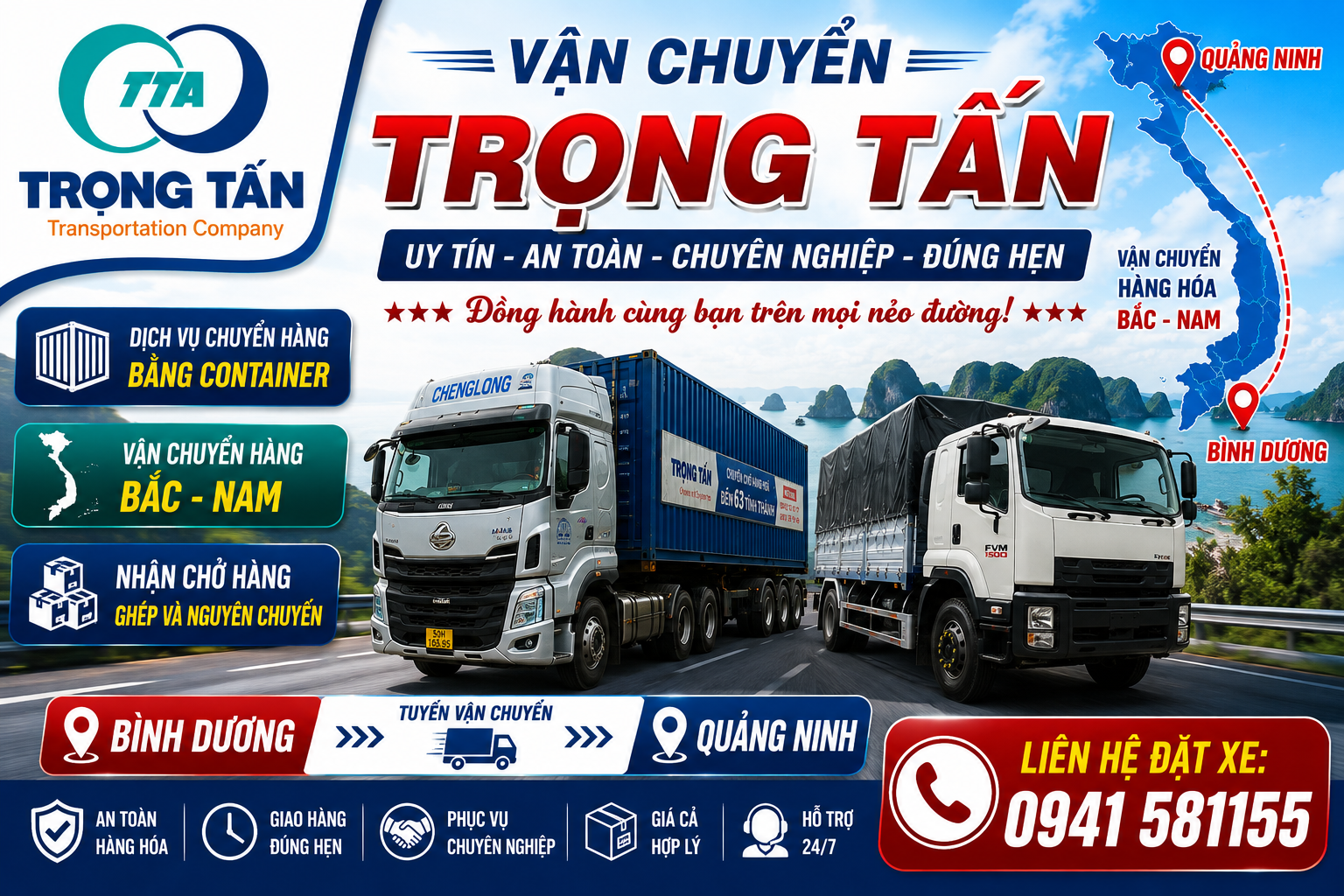 Dịch vụ cho thuê xe đầu kéo container 20ft, 40ft HC chở hàng nguyên chuyến từ khu công nghiệp Bình Dương đi Quảng Ninh giá tốt Cho-thue-xe-dau-keo-container-cho-hang-Binh-Duong-di-Quang-Ninh