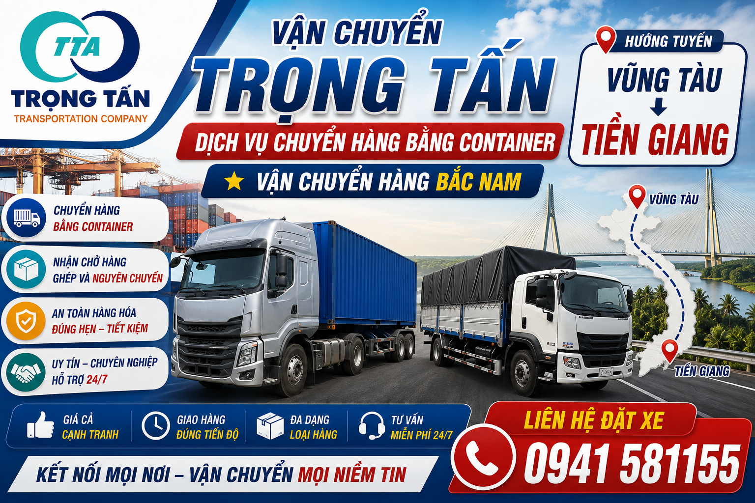 Cho thuê xe đầu kéo container 20 feet và 40 feet chở hàng hóa chuyên nghiệp từ Vũng Tàu đi Tiền Giang, cam kết cước phí rẻ nhất thị trường và bảo đảm tiến độ. Cho-thue-xe-dau-keo-container-cho-hang-Vung-Tau-Tien-Giang