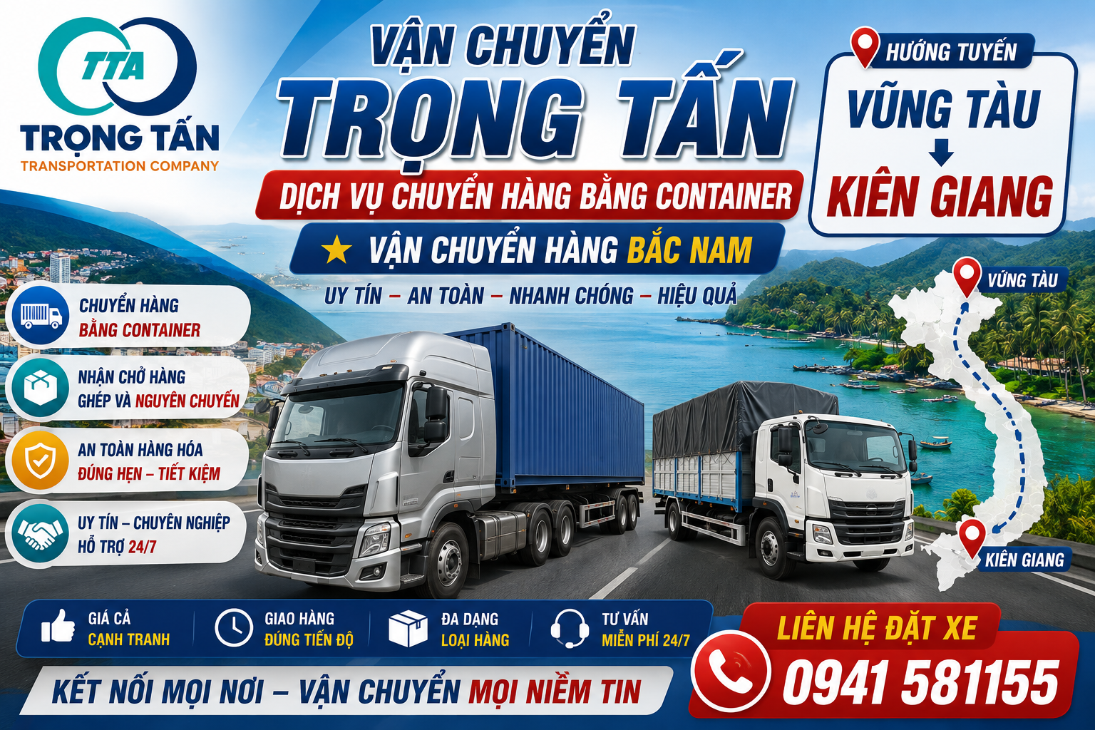 Cho thuê xe đầu kéo container 20 feet 40 feet chở hàng tuyến Vũng Tàu Kiên Giang, hỗ trợ giao nhận tận nơi, quy trình làm việc nhanh chóng, minh bạch. Cho-thue-xe-dau-keo-container-cho-hang-Vung-Tau-Kien-Giang