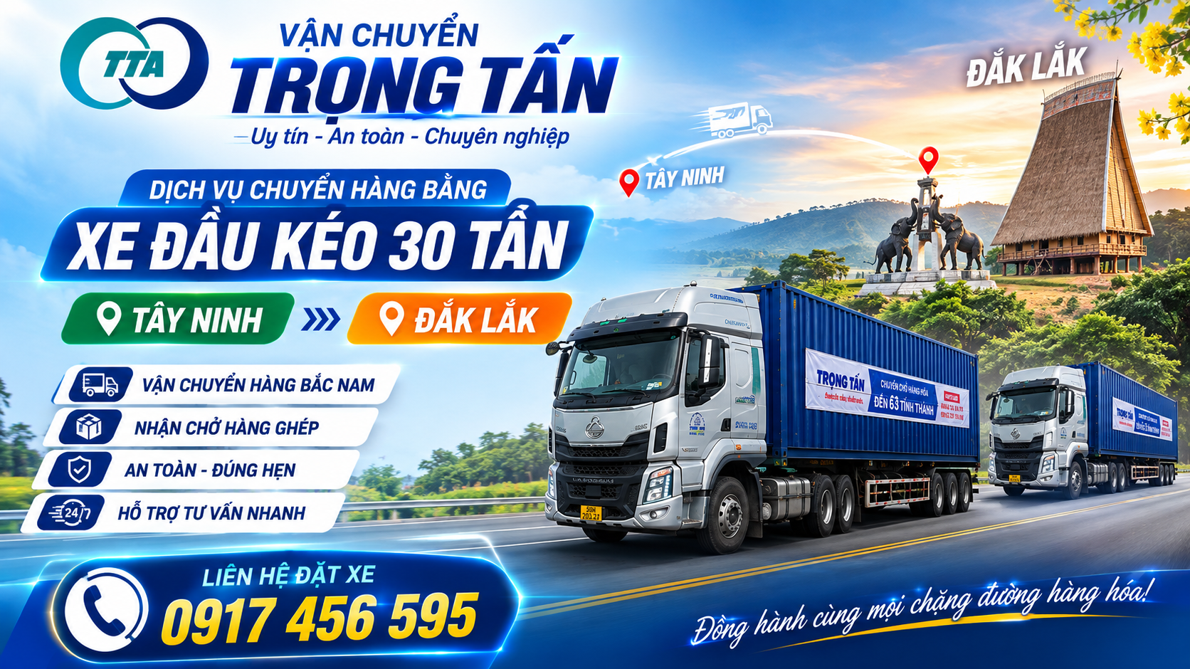 Nhận chở hàng từ Tây Ninh đi Đắk Lắk bằng xe đầu kéo, phù hợp với máy móc, thiết bị, sắt thép, hàng công nghiệp và vật tư công trình. cho-thue-xe-dau-keo-van-chuyen-hang-tu-tay-ninh-di-dak-lak