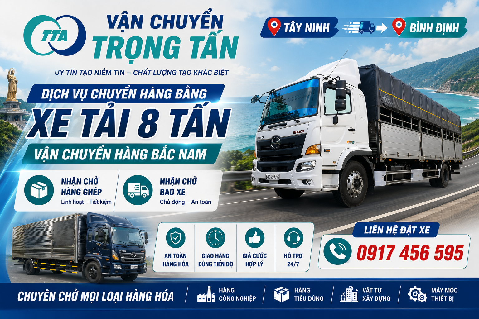 Xe tải 8 tấn nhận chở hàng từ Tây Ninh đi Bình Định, phù hợp vận chuyển hàng công nghiệp, vật tư công trình, nội thất, hàng tiêu dùng và nhiều loại hàng hóa khác. cho-thue-xe-tai-8-tan-cho-hang-tay-ninh-di-binh-dinh