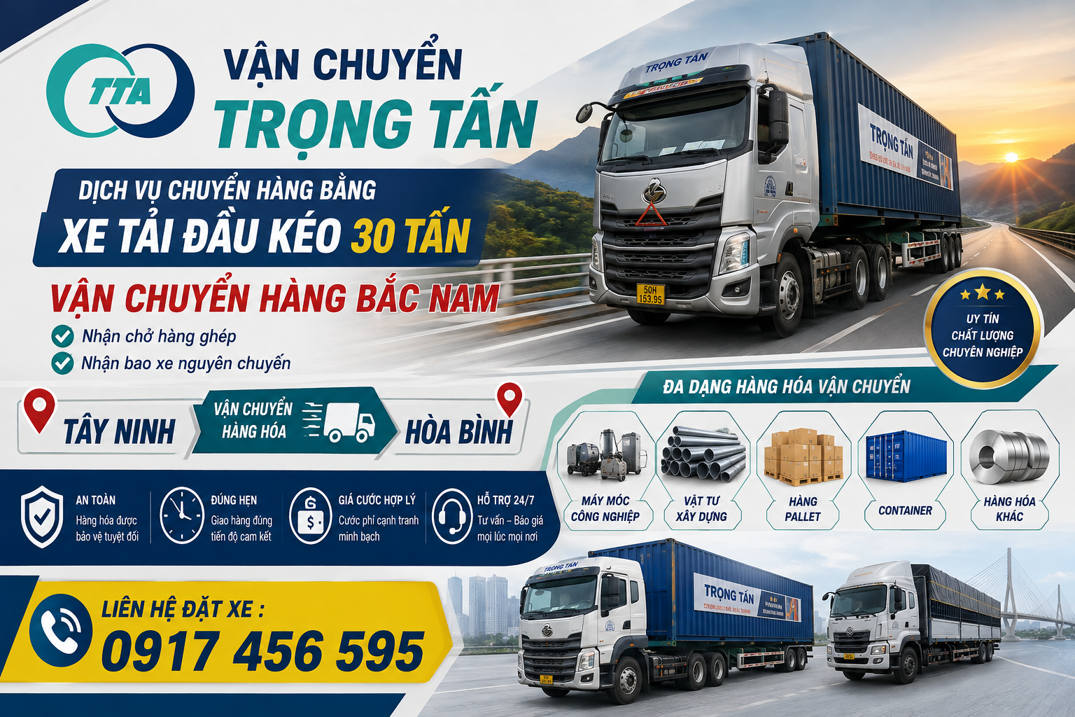 Dịch vụ cho thuê xe đầu kéo 30 tấn chở hàng từ Tây Ninh đi Hòa Bình chuyên vận chuyển máy móc, thiết bị công nghiệp, kết cấu thép, vật tư công trình và hàng hóa khối lượng lớn. Nhận hàng tận nơi, giao đúng tiến độ, hỗ trợ giao nhận toàn tuyến Bắc Nam. cho-thue-xe-dau-keo-30-tan-cho-hang-tay-ninh-di-hoa-binh