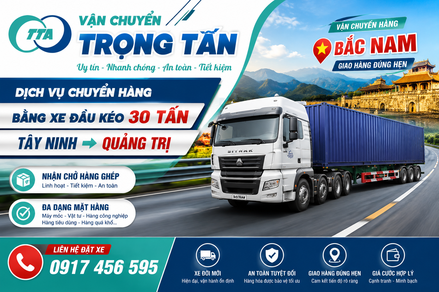 Dịch vụ cho thuê xe đầu kéo vận chuyển hàng từ Tây Ninh đi Quảng Trị nhận chở hàng nặng, hàng cồng kềnh, máy móc công nghiệp, hàng cơ khí, kết cấu thép và vật tư công trình. cho-thue-xe-dau-keo-van-chuyen-hang-tay-ninh-di-quang-tri