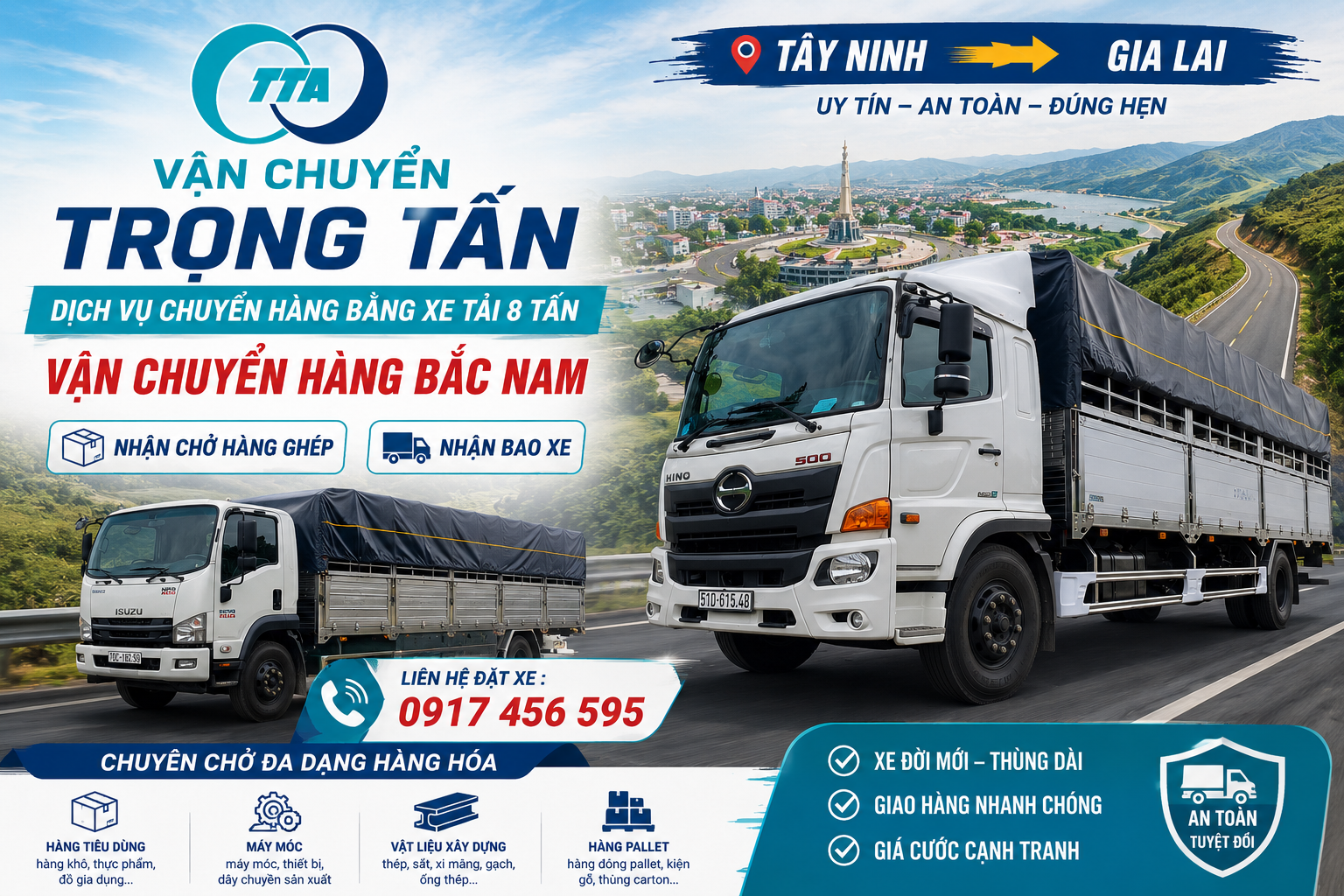 Xe tải 8 tấn nhận chở hàng từ Tây Ninh đi Gia Lai, hỗ trợ hàng ghép và nguyên chuyến, giao nhận tận nơi đến kho hàng, công trình, cửa hàng và nhà máy. cho-thue-xe-tai-8-tan-cho-hang-tay-ninh-di-gia-lai-giao-nhan-tan-noi