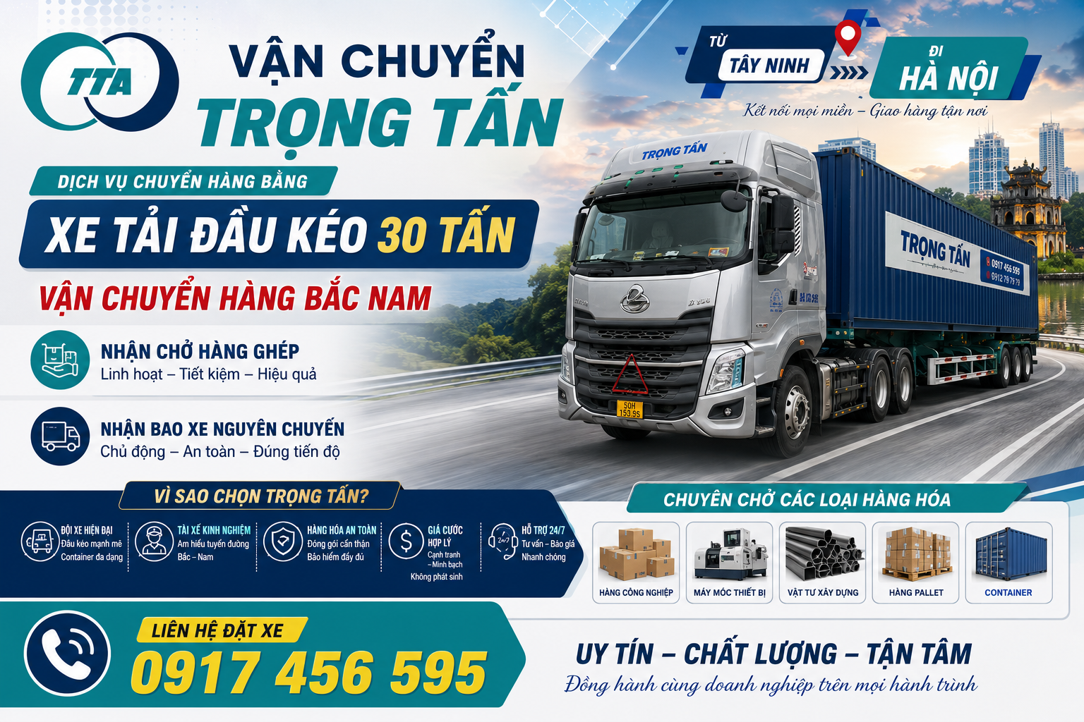 Xe đầu kéo 30 tấn nhận vận chuyển hàng từ Tây Ninh đi Hà Nội, chuyên chở máy móc, kết cấu thép, vật tư xây dựng, hàng công nghiệp và giao nhận tận nơi theo yêu cầu. cho-thue-xe-dau-keo-30-tan-cho-hang-tay-ninh-di-ha-noi