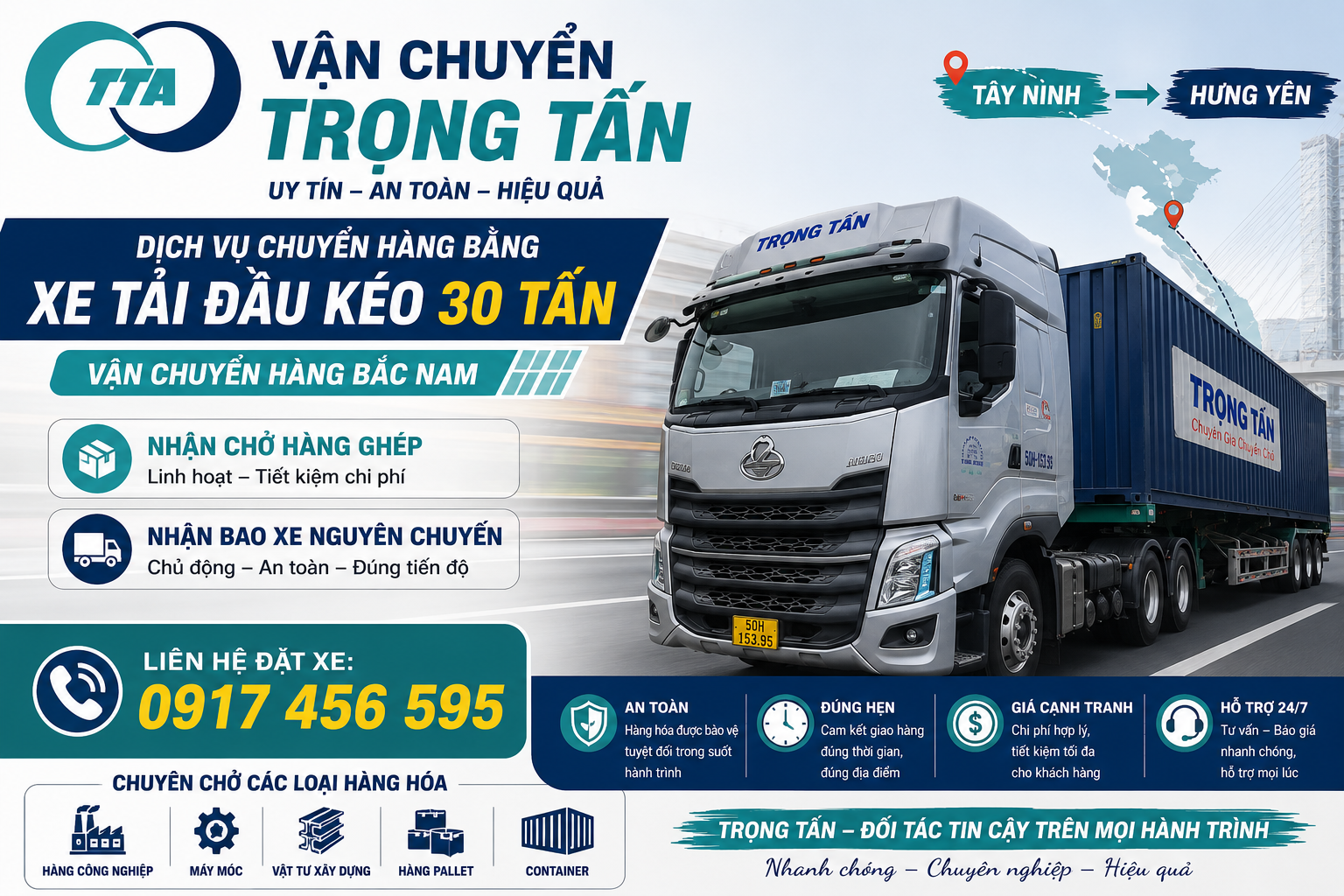 Dịch vụ cho thuê xe đầu kéo 30 tấn chở hàng từ Tây Ninh đi Hưng Yên chuyên vận chuyển máy móc, thiết bị công nghiệp, kết cấu thép, vật tư công trình và hàng nặng. Nhận hàng tận nơi, giao đúng tiến độ. cho-thue-xe-dau-keo-30-tan-cho-hang-tay-ninh-di-hung-yen