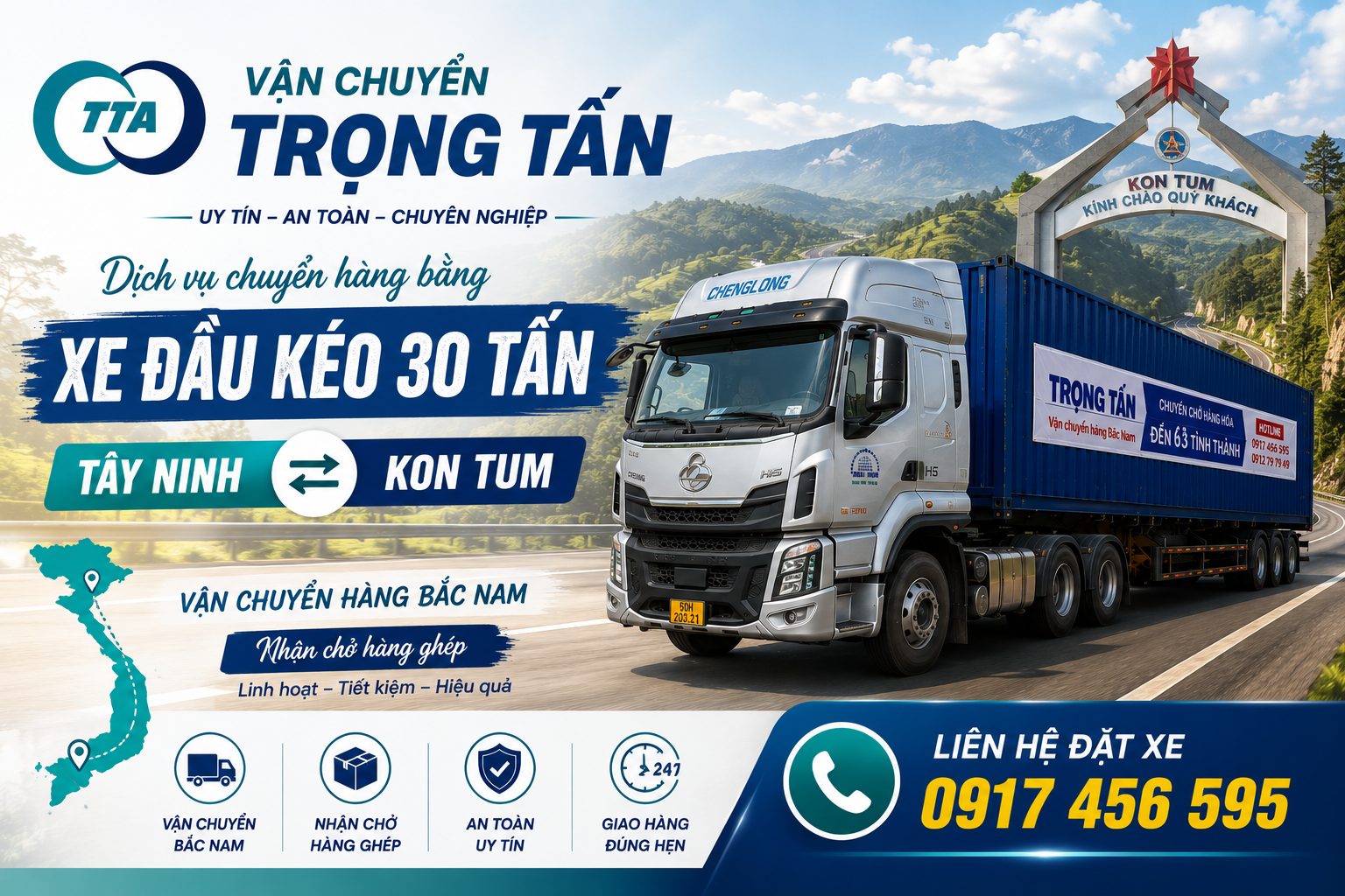 Nhận vận chuyển hàng từ Tây Ninh đi Kon Tum bằng xe đầu kéo, phù hợp với các chuyến đường dài và lô hàng có khối lượng lớn. cho-thue-xe-dau-keo-van-chuyen-hang-tay-ninh-di-kon-tum