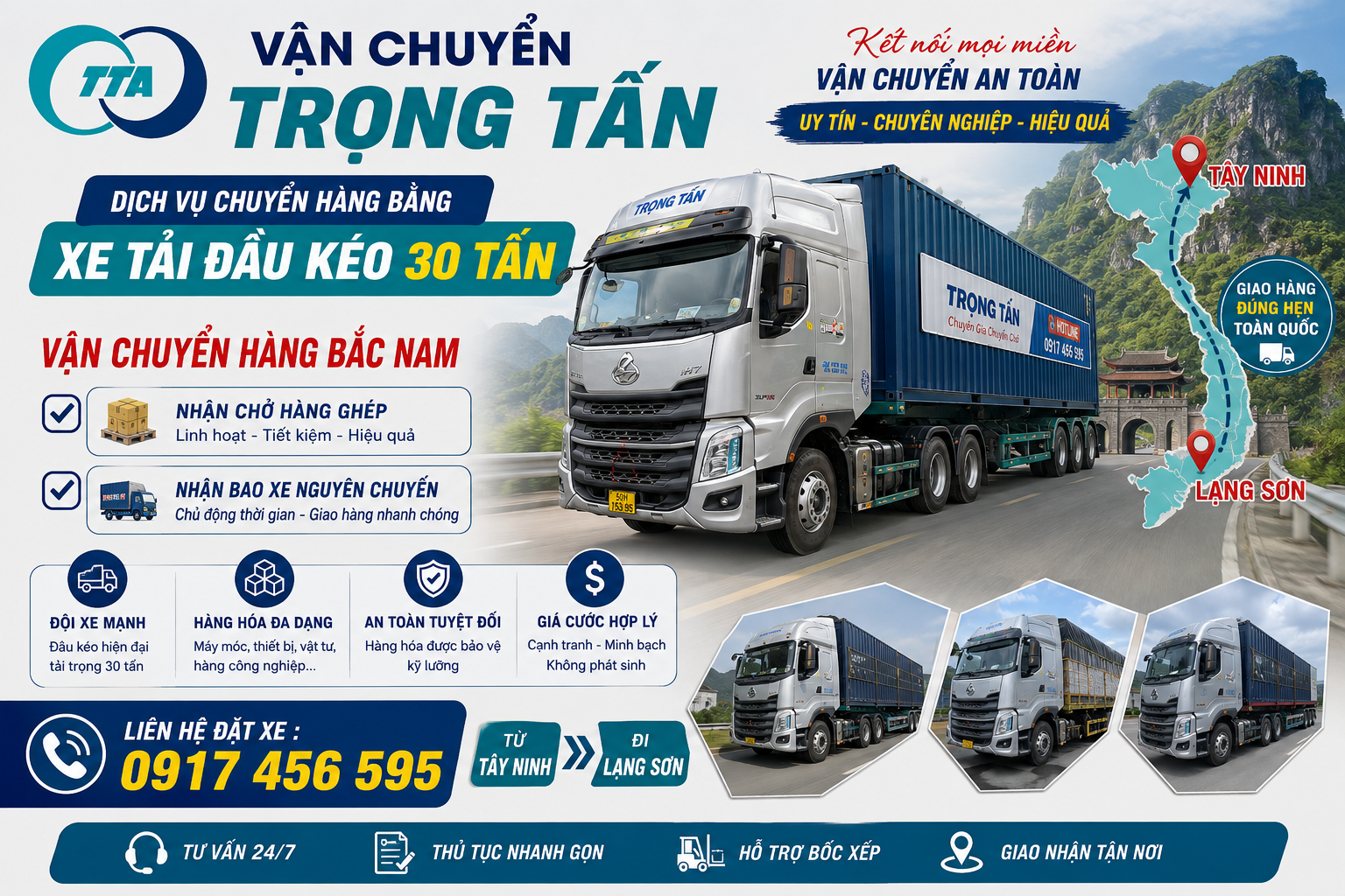Dịch vụ cho thuê xe đầu kéo 30 tấn vận chuyển hàng từ Tây Ninh đi Lạng Sơn chuyên chở máy móc, thiết bị công nghiệp, kết cấu thép, vật tư công trình và hàng siêu trọng. Giao nhận tận nơi, đúng tiến độ. cho-thue-xe-dau-keo-30-tan-cho-hang-tay-ninh-di-lang-son