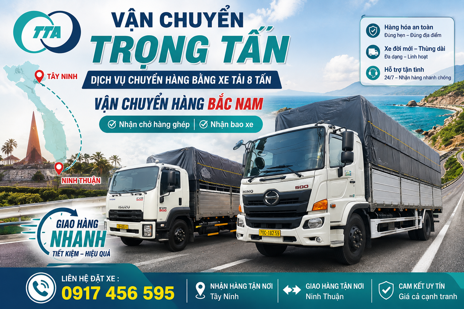 Xe tải 8 tấn nhận chở hàng từ Tây Ninh đi Ninh Thuận, phù hợp vận chuyển hàng công nghiệp, vật tư công trình, hàng tiêu dùng, nội thất và nhiều loại hàng hóa khác. cho-thue-xe-tai-8-tan-cho-hang-tay-ninh-di-ninh-thuan