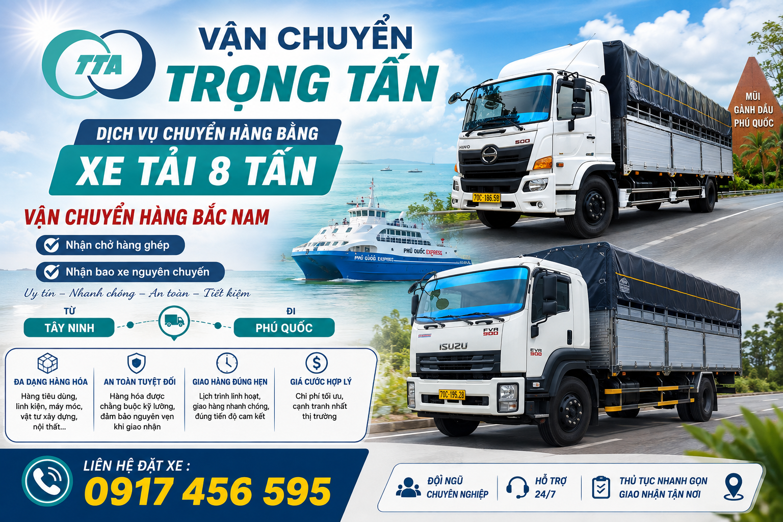 Xe tải 8 tấn nhận chở hàng từ Tây Ninh đi Phú Quốc, hỗ trợ hàng ghép và nguyên chuyến, giao tận nơi đến kho hàng, resort, khách sạn, cửa hàng và công trình. cho-thue-xe-tai-8-tan-cho-hang-tay-ninh-di-phu-quoc