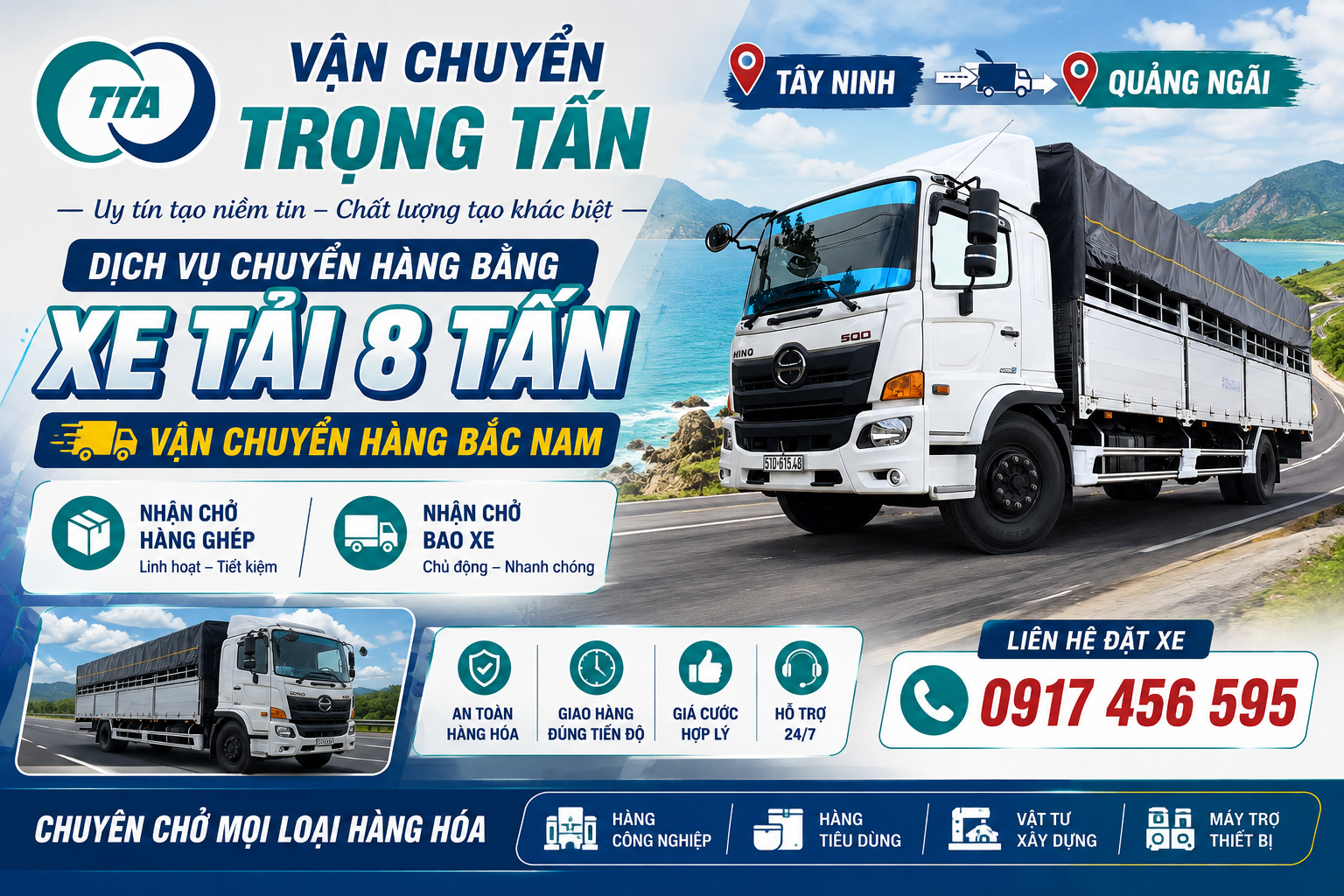 Dịch vụ cho thuê xe tải 8 tấn chở hàng từ Tây Ninh đi Quảng Ngãi, nhận hàng tận nơi, giao đúng hẹn, phù hợp vận chuyển hàng công nghiệp, vật tư, máy móc và hàng tiêu dùng. cho-thue-xe-tai-8-tan-cho-hang-tay-ninh-di-quang-ngai