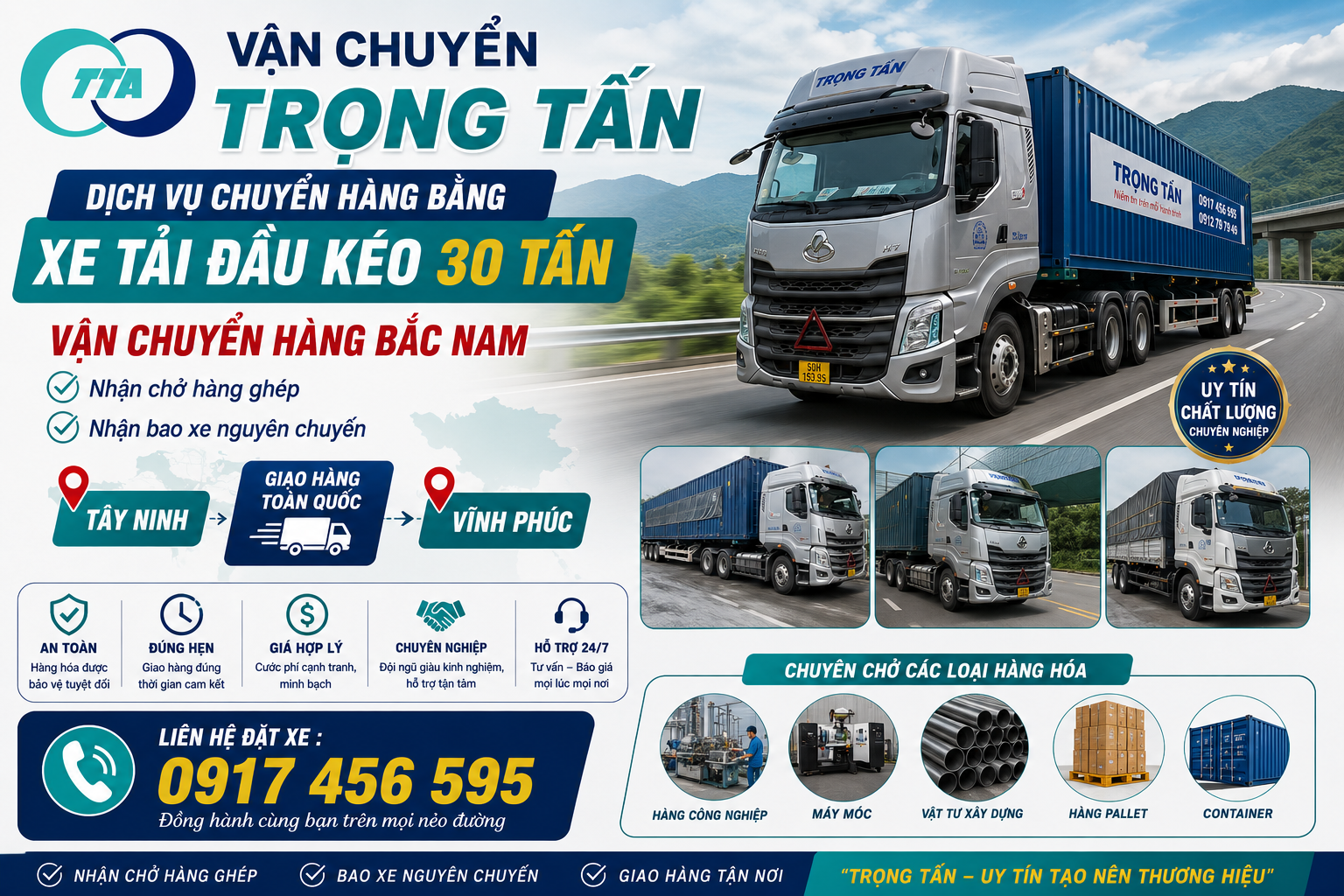 Dịch vụ cho thuê xe đầu kéo 30 tấn chở hàng từ Tây Ninh đi Vĩnh Phúc chuyên vận chuyển máy móc, thiết bị công nghiệp, kết cấu thép, vật tư công trình và hàng nặng. Nhận hàng tận nơi, giao đúng tiến độ. cho-thue-xe-dau-keo-30-tan-cho-hang-tay-ninh-di-vinh-phuc