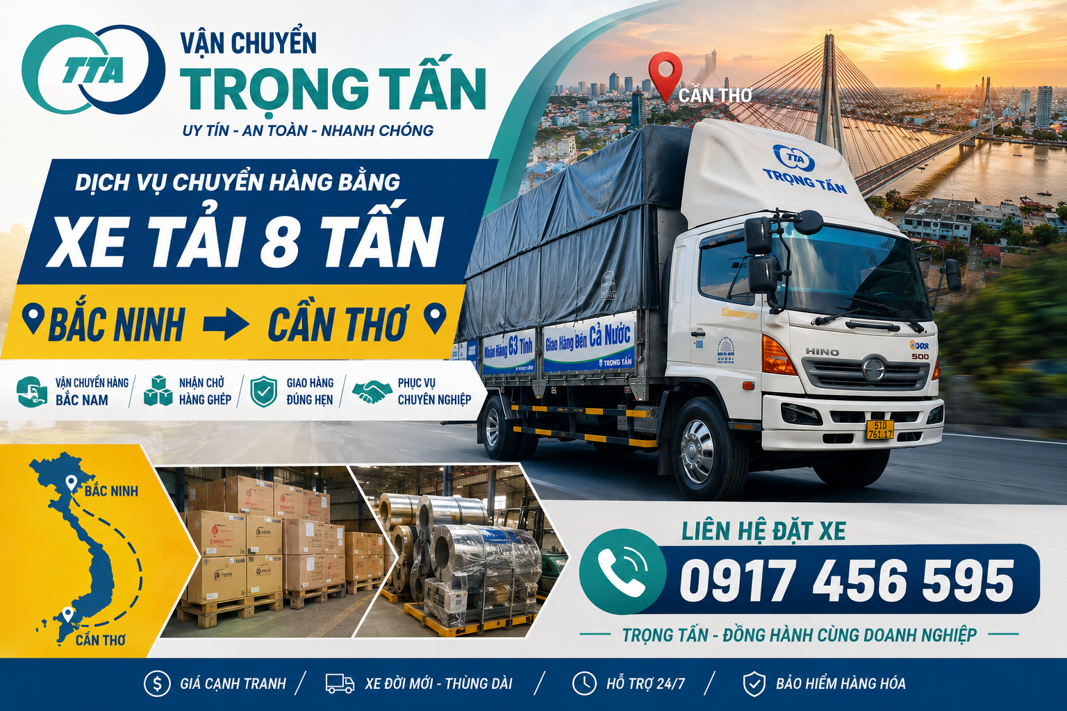 Nhận vận chuyển đa dạng hàng hóa từ Bắc Ninh đi Cần Thơ, hỗ trợ lấy hàng tại kho, nhà máy, xưởng hoặc cửa hàng và giao tận nơi theo yêu cầu. cho-thue-xe-tai-8-tan-van-chuyen-hang-bac-ninh-di-can-tho