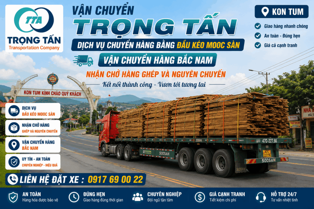 Cho thuê xe đầu kéo mooc sàn Tây Ninh đi Kon Tum, nhận vận chuyển hàng công trình, máy móc, sắt thép và hàng hóa kích thước lớn. cho-thue-xe-dau-keo-mooc-san-tay-ninh-di-kon-tum