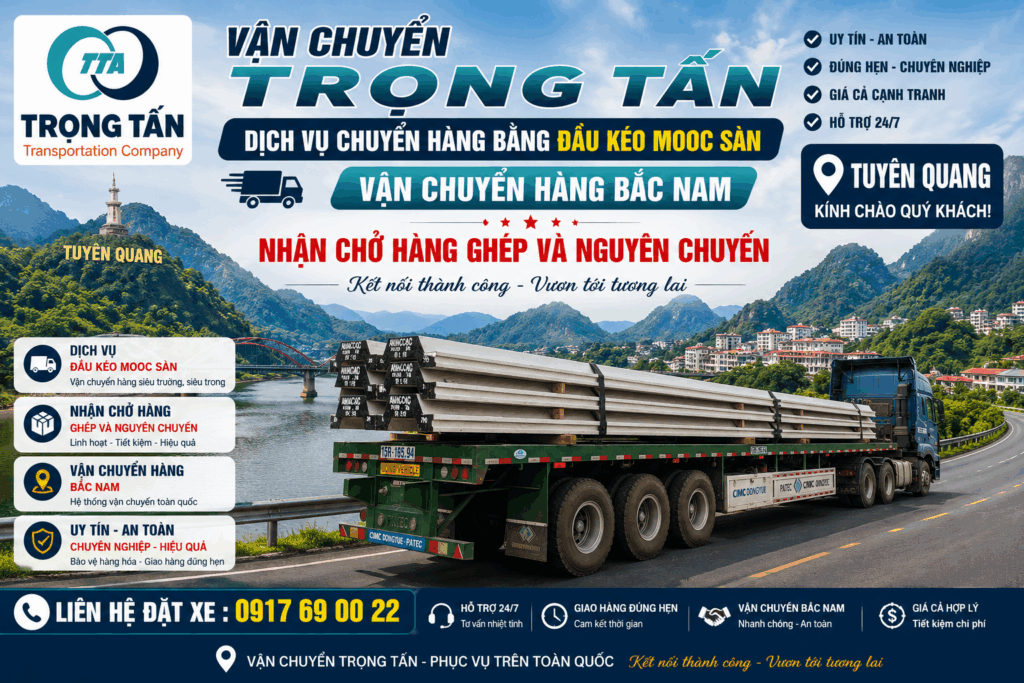 Cho thuê xe đầu kéo mooc sàn Vũng Tàu đi Tuyên Quang, chuyên vận chuyển máy móc, thiết bị công nghiệp, sắt thép và hàng công trình. cho-thue-xe-dau-keo-mooc-san-vung-tau-di-tuyen-quang